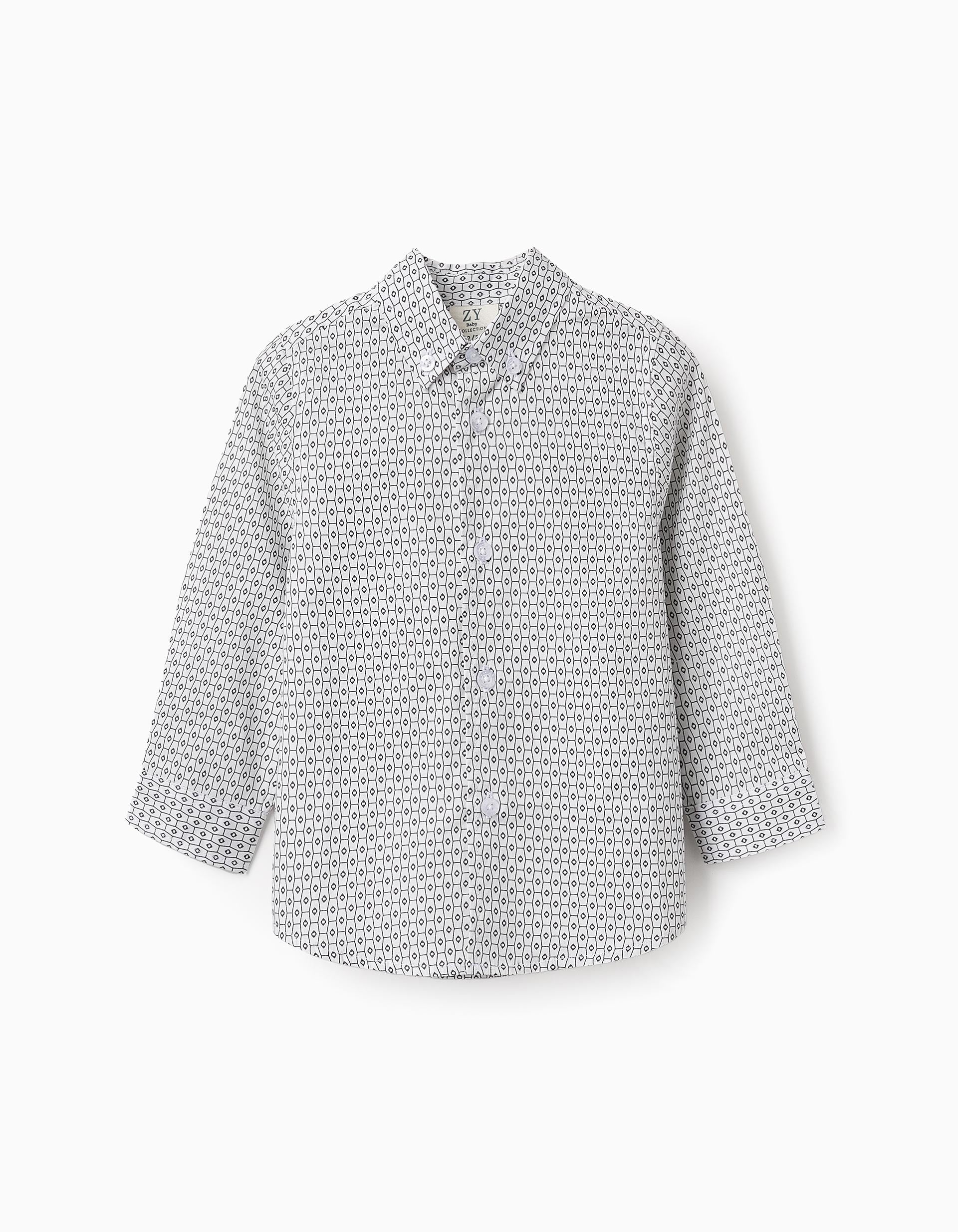 Camisa de Algodão com Padrão para Bebé Menino, Branco