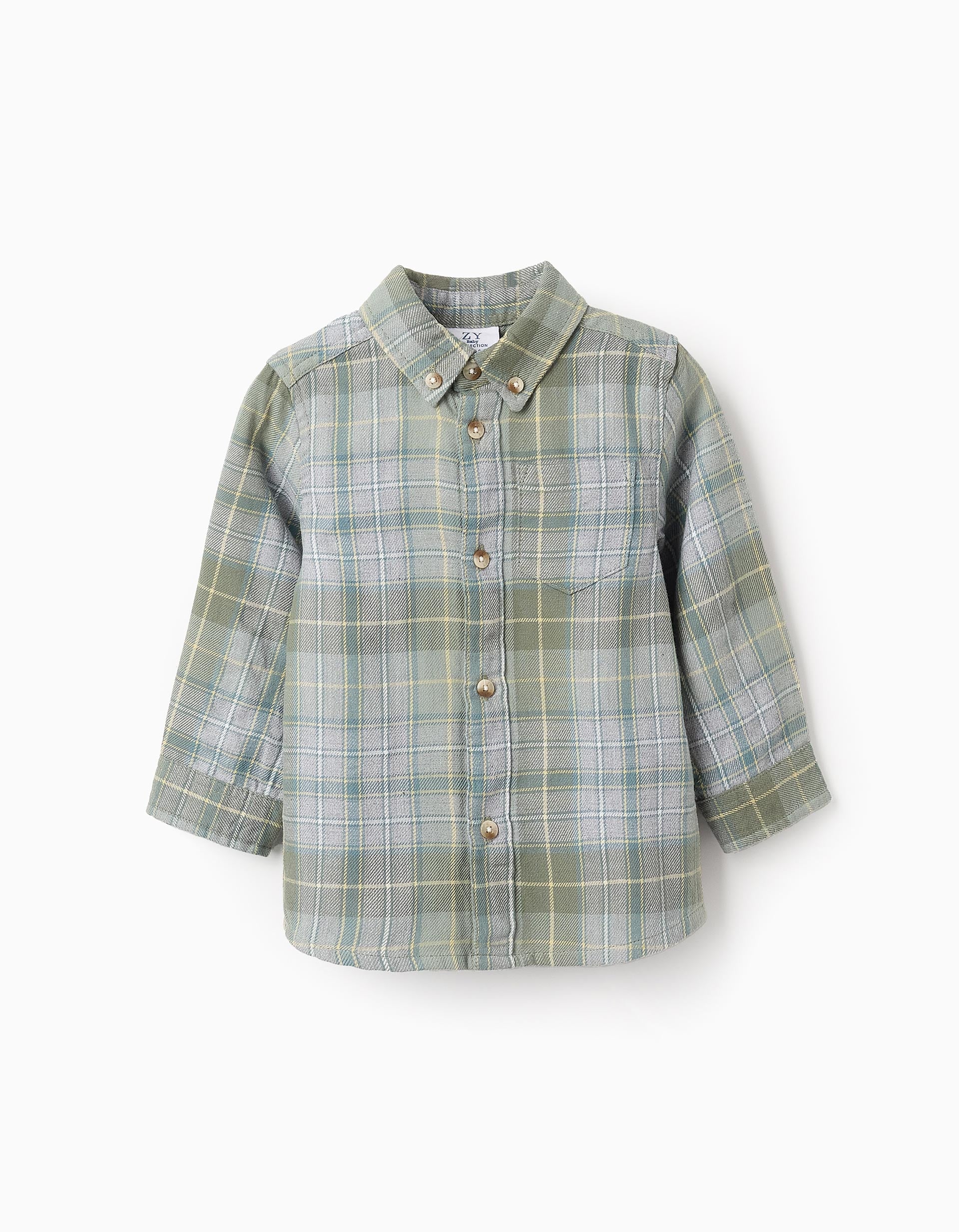 Flannel Checked Shirt for Baby Boys, Green/Grey