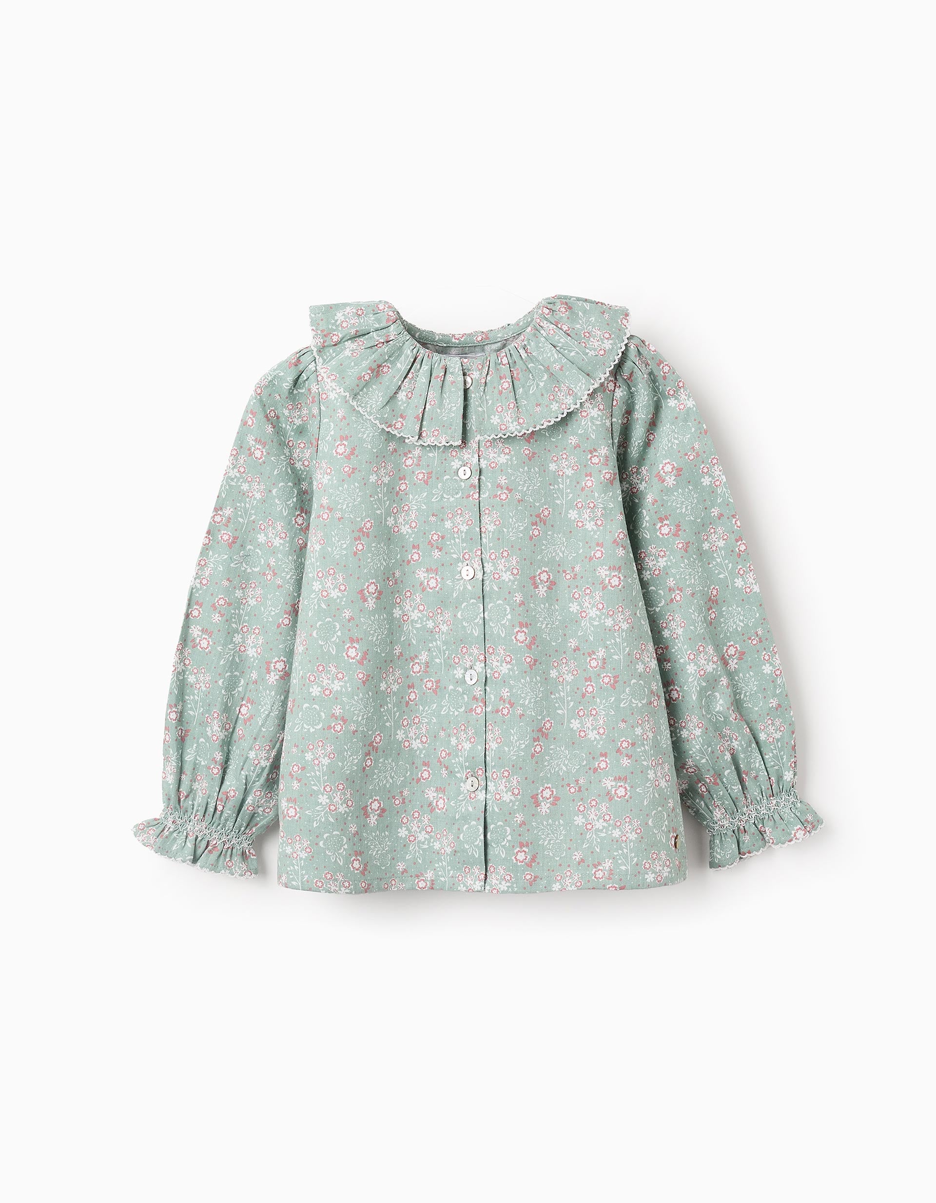 Floral Cotton Shirt with Ruffles for Girls, Green