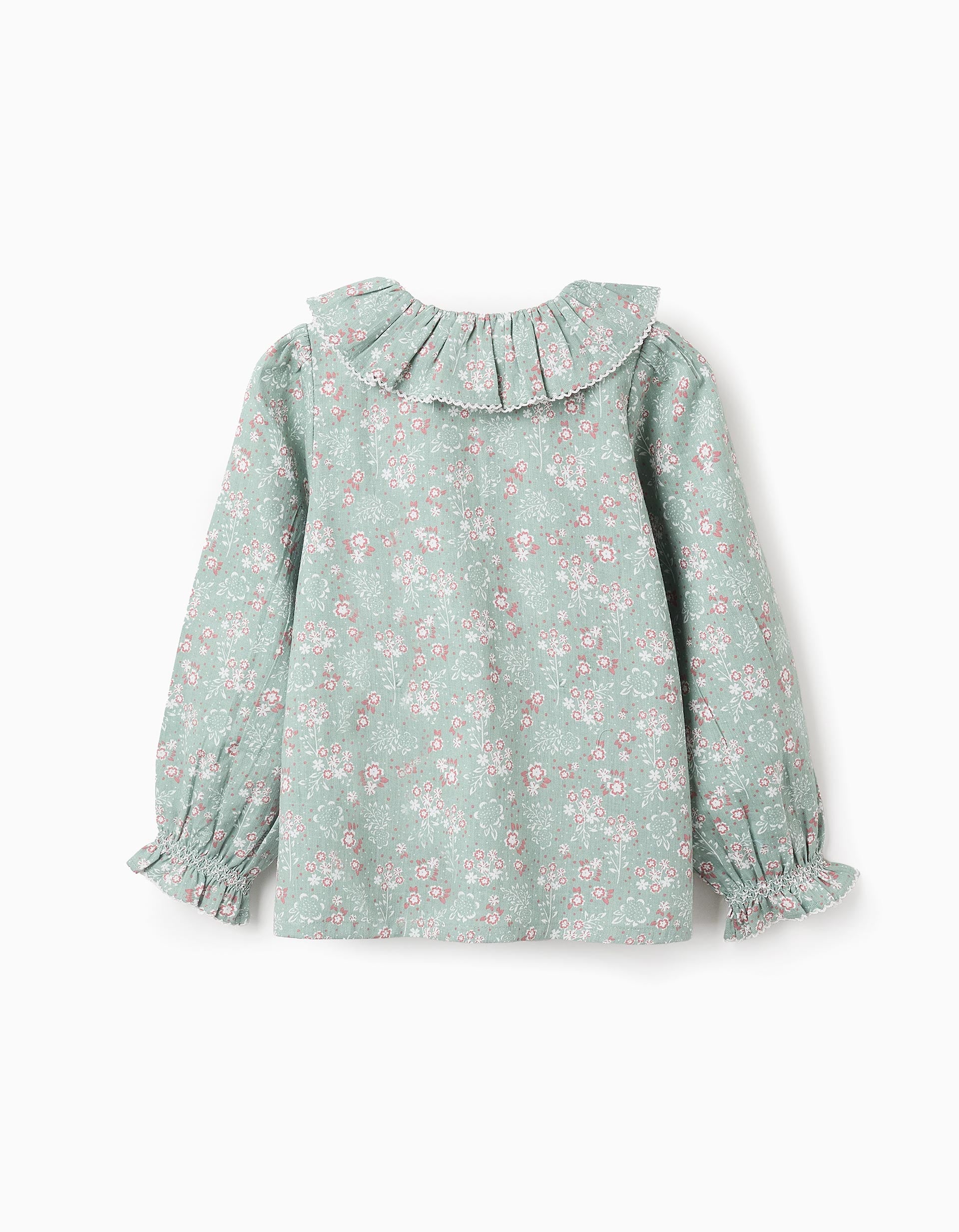 Floral Cotton Shirt with Ruffles for Girls, Green