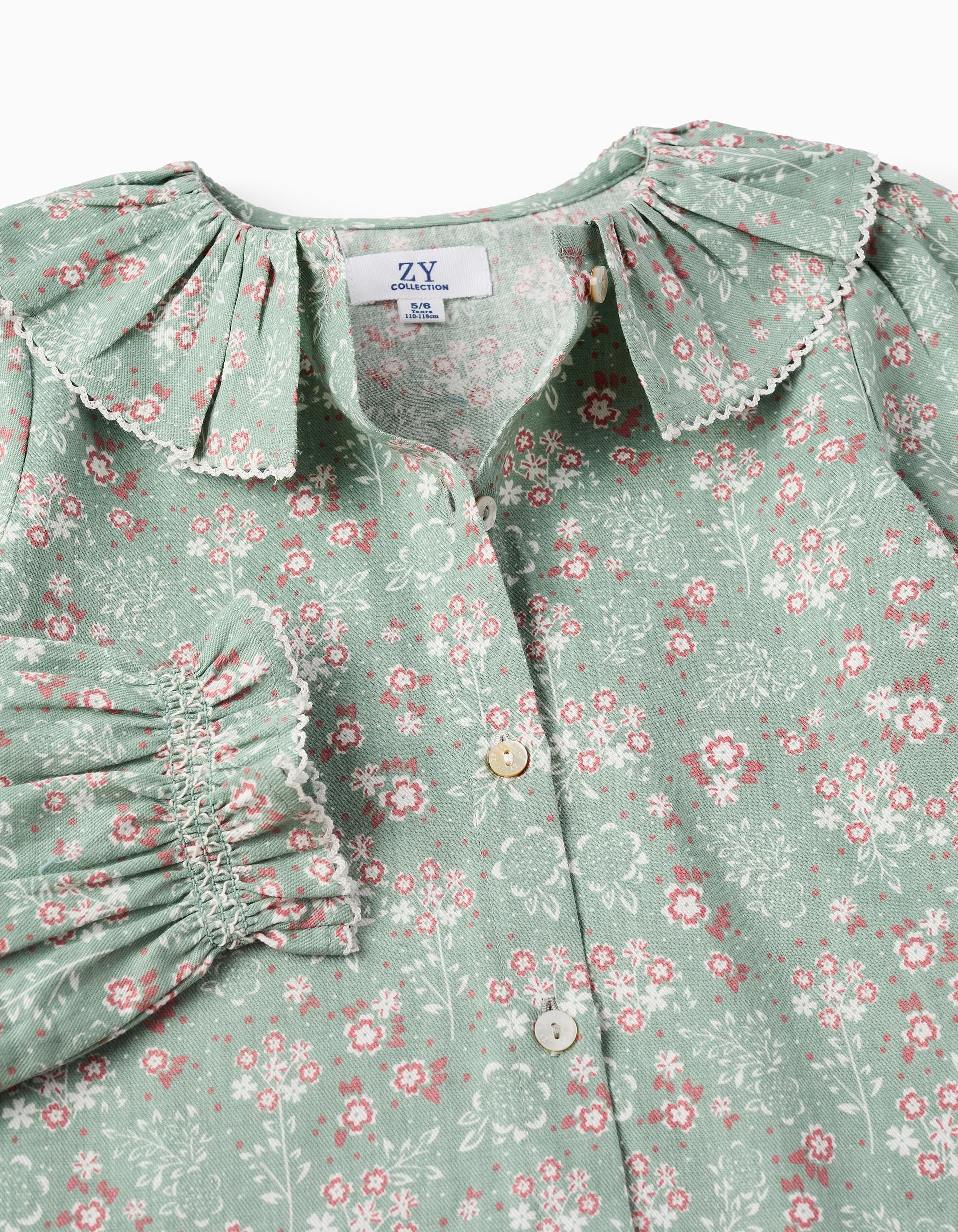 Floral Cotton Shirt with Ruffles for Girls, Green