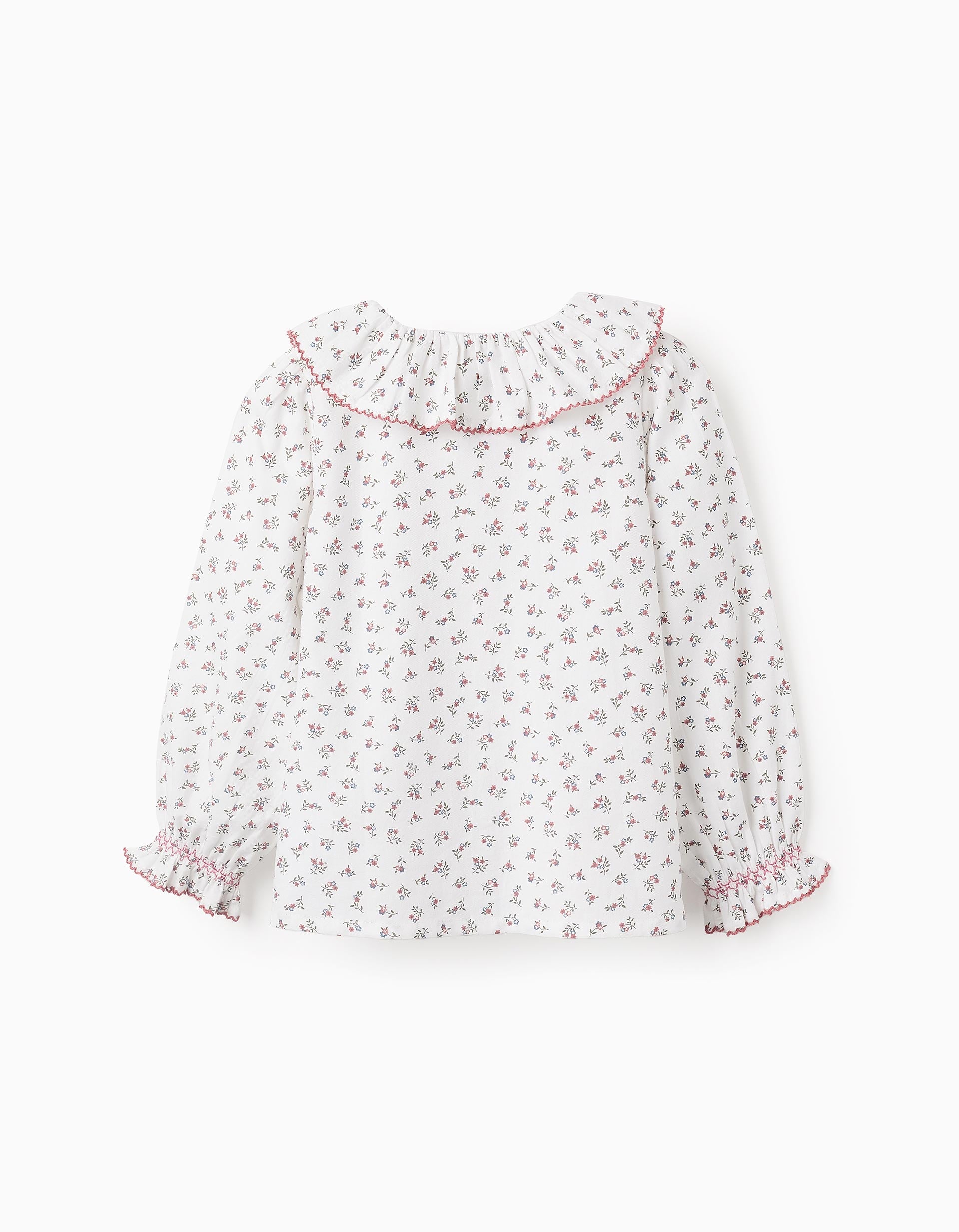 Camisa de Algodão Floral e com Folhos para Menina, Branco