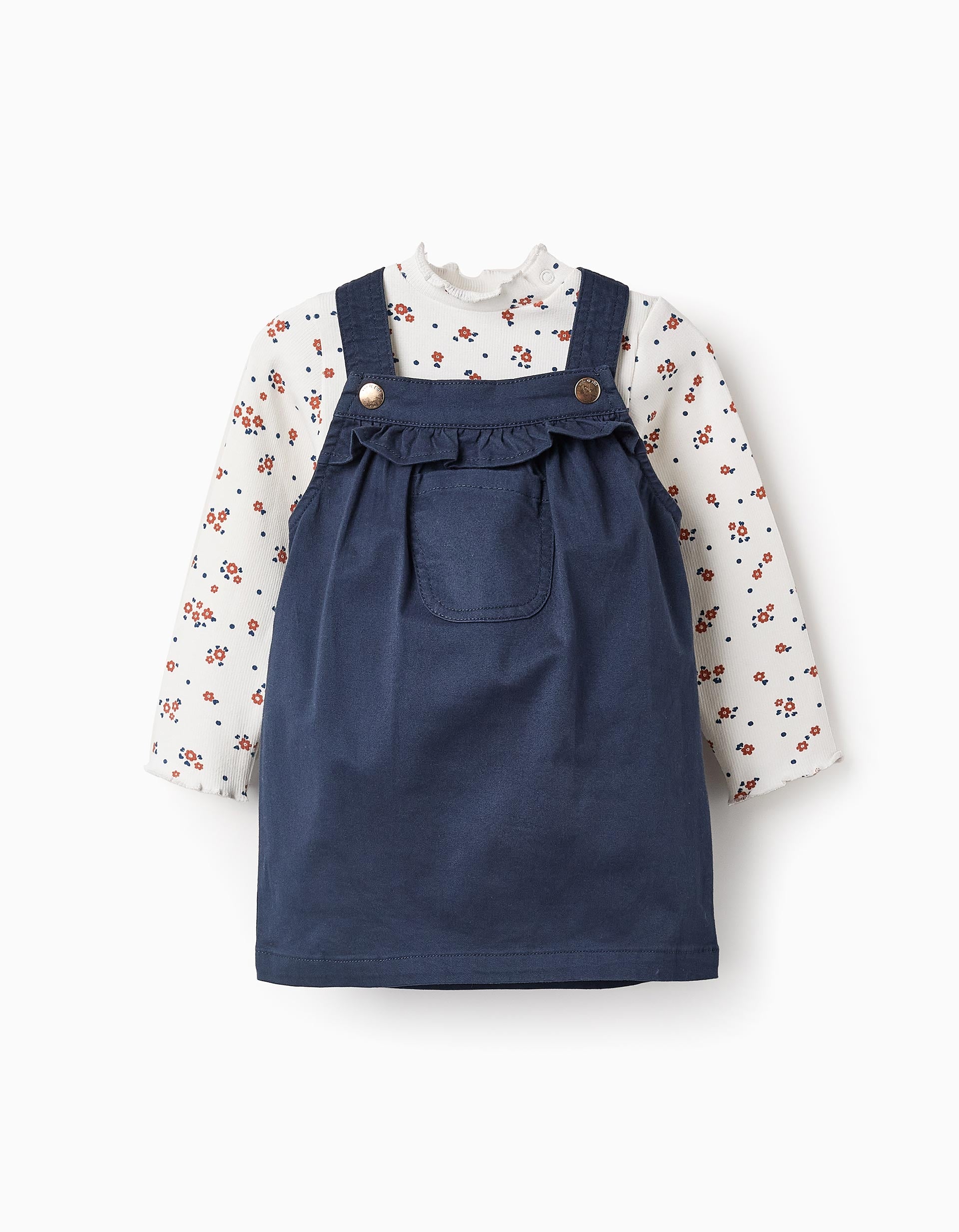 Camisola Floral + Saia de Peito para Bebé Menina, Azul Escuro