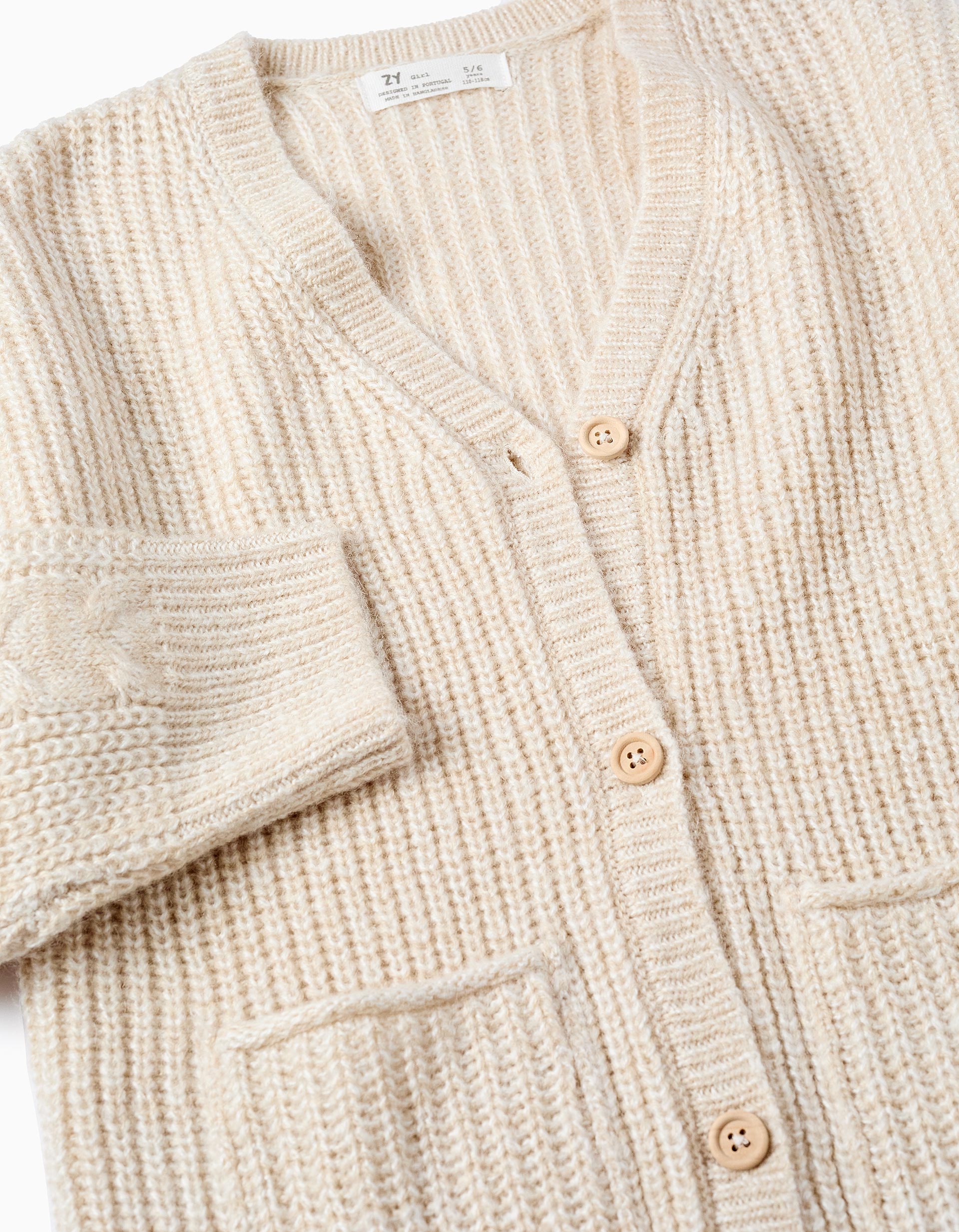 Chaqueta de Punto Larga para Niña, Beige