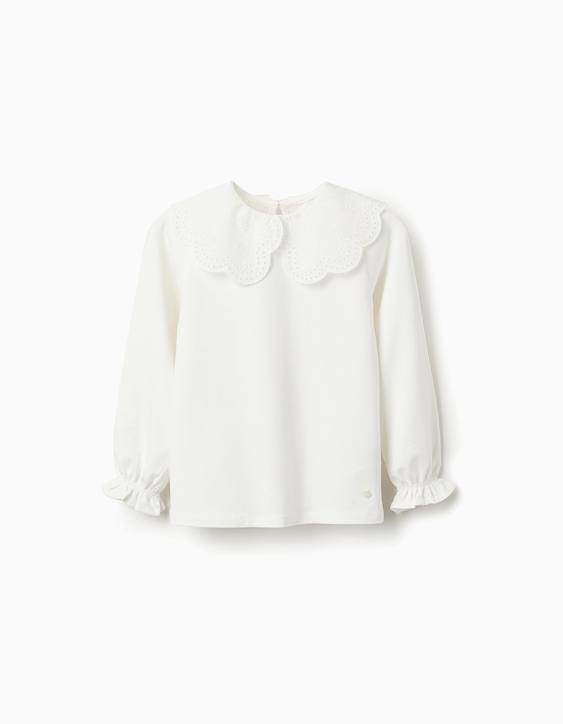 T-shirt à Manches Longues avec Col Broderie Anglaise Fille, Blanc