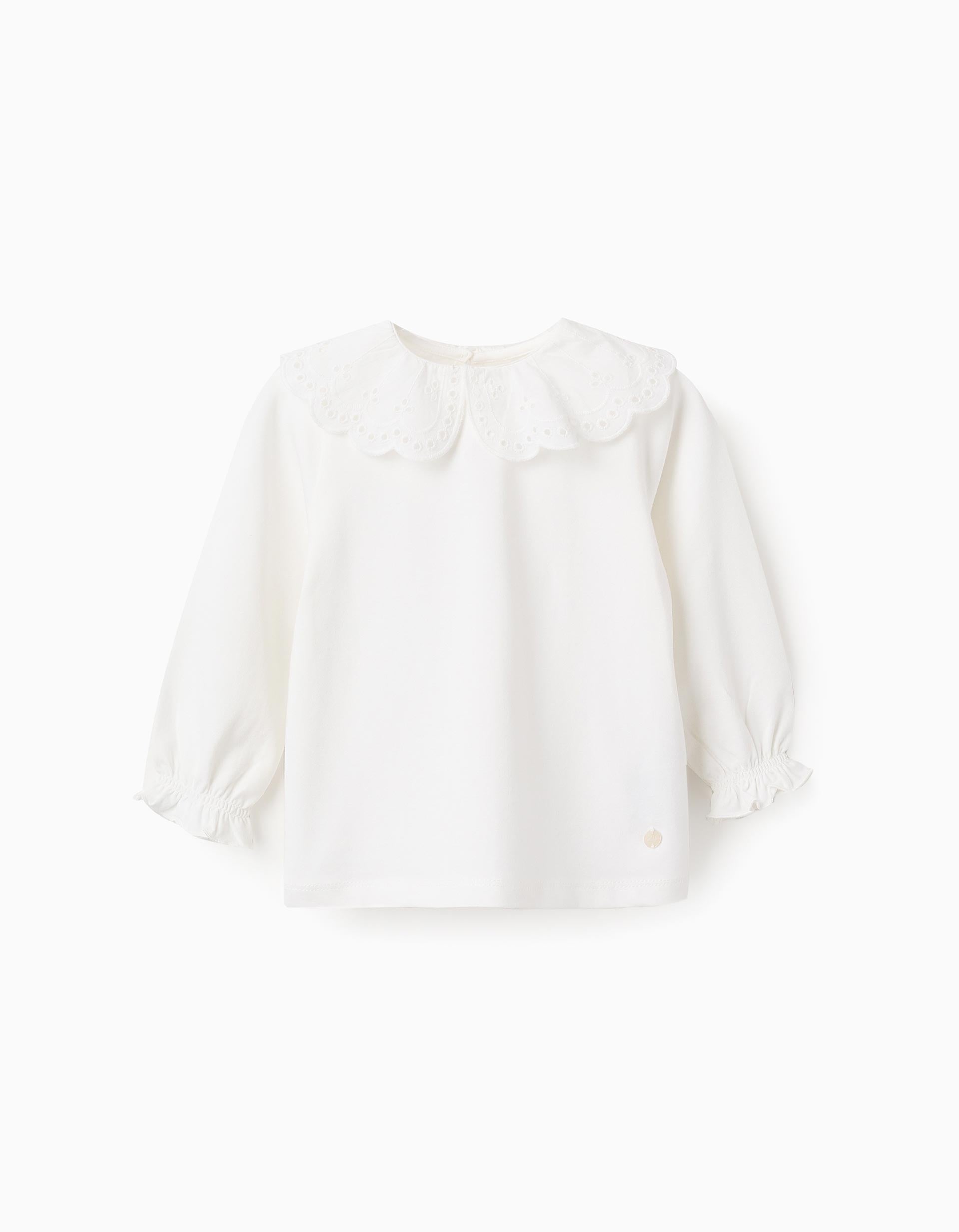 Long Sleeve T-shirt with Broderie Anglaise for Baby Girls, White