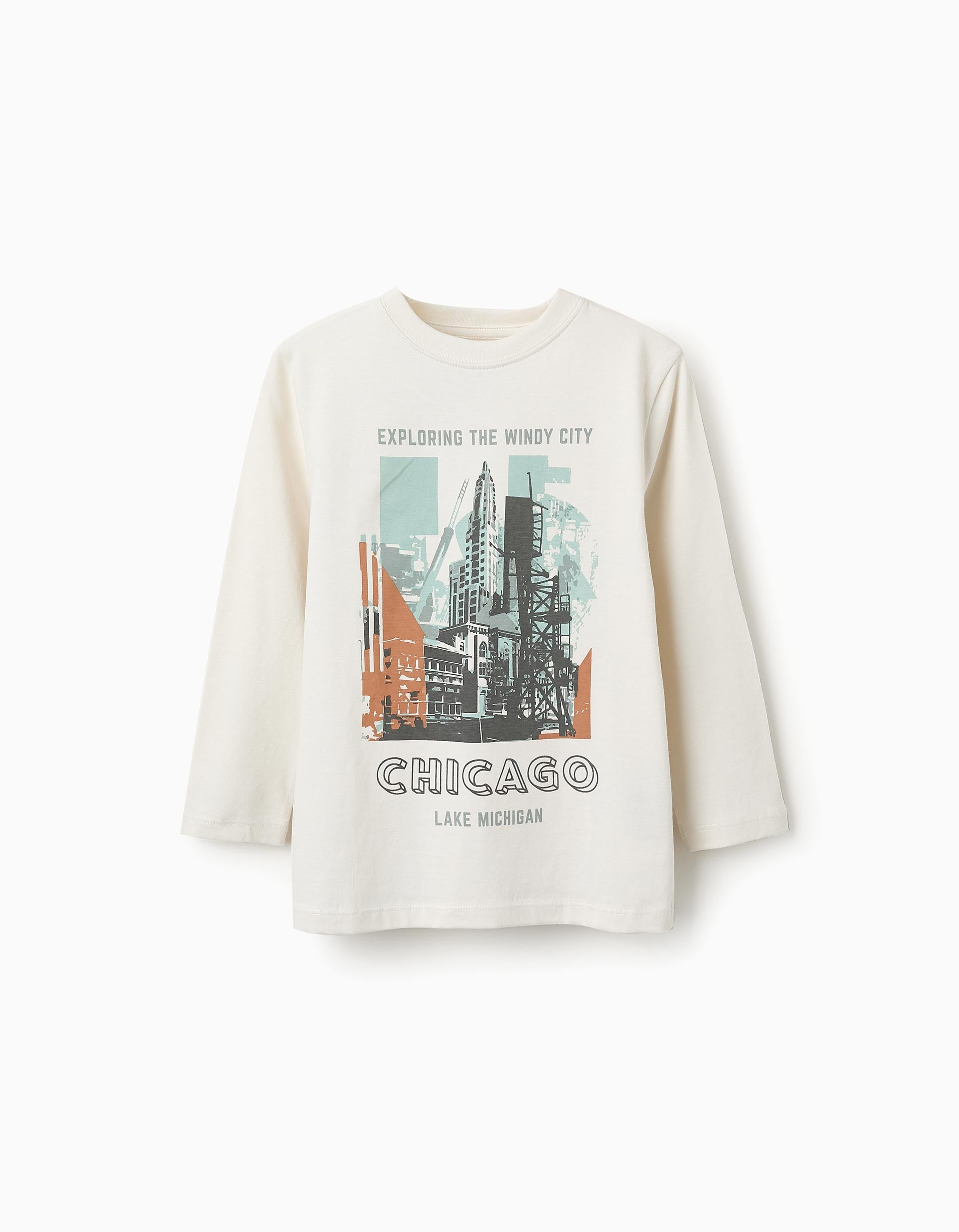 T-shirt de Manga Comprida em Algodão para Menino 'Chicago', Branco