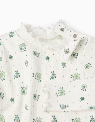 T-shirt Canelada Floral de Manga Comprida para Bebé Menina, Branco