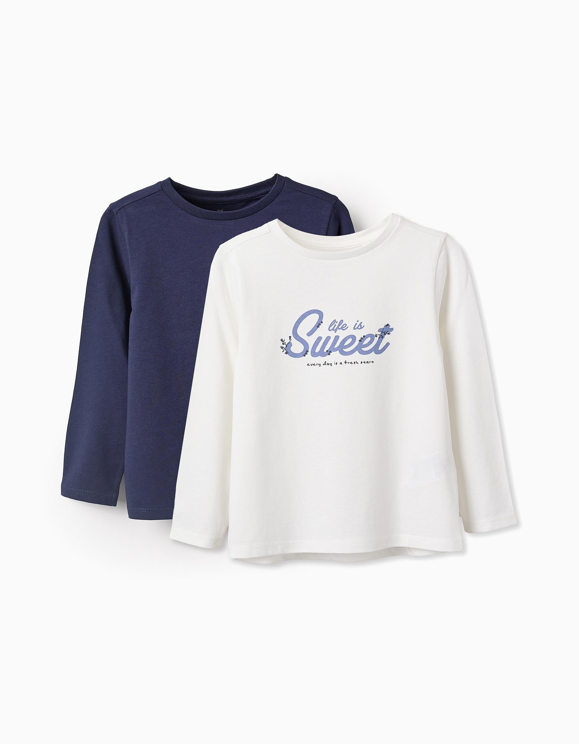 Pack de 2 T-shirts à Manches Longues para Fille 'Sweet', Blanc/Bleu