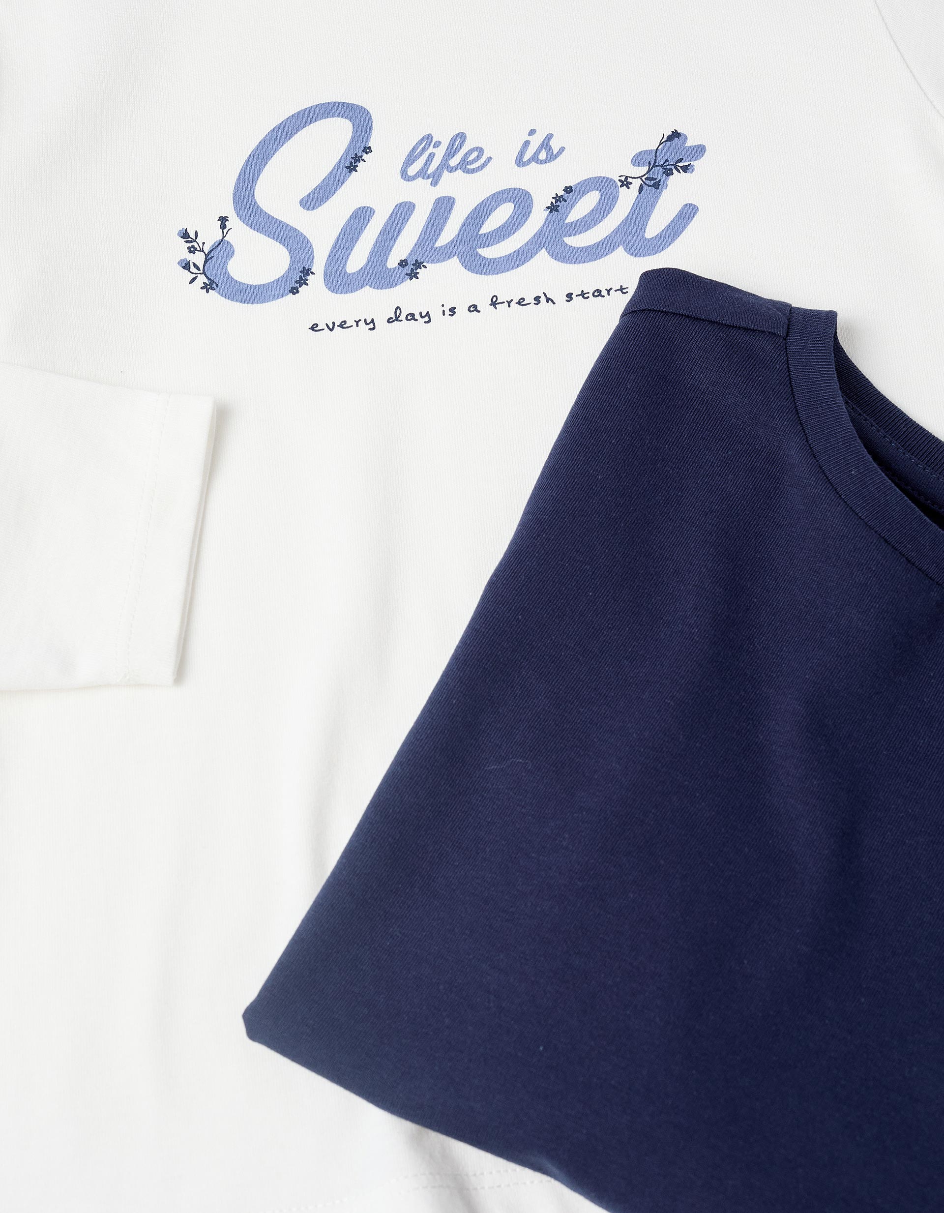 Pack de 2 T-shirts de Manga Comprida para Menina 'Sweet', Branco/Azul