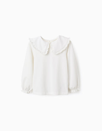 Camiseta con Cuello Maxi y contorno de Volante para Niña, Blanco