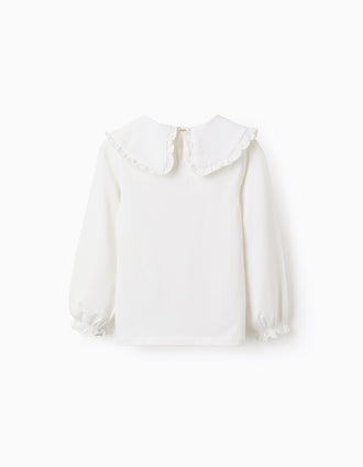 Camiseta con Cuello Maxi y contorno de Volante para Niña, Blanco