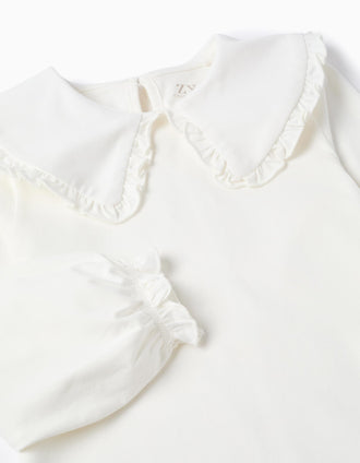 Camiseta con Cuello Maxi y contorno de Volante para Niña, Blanco