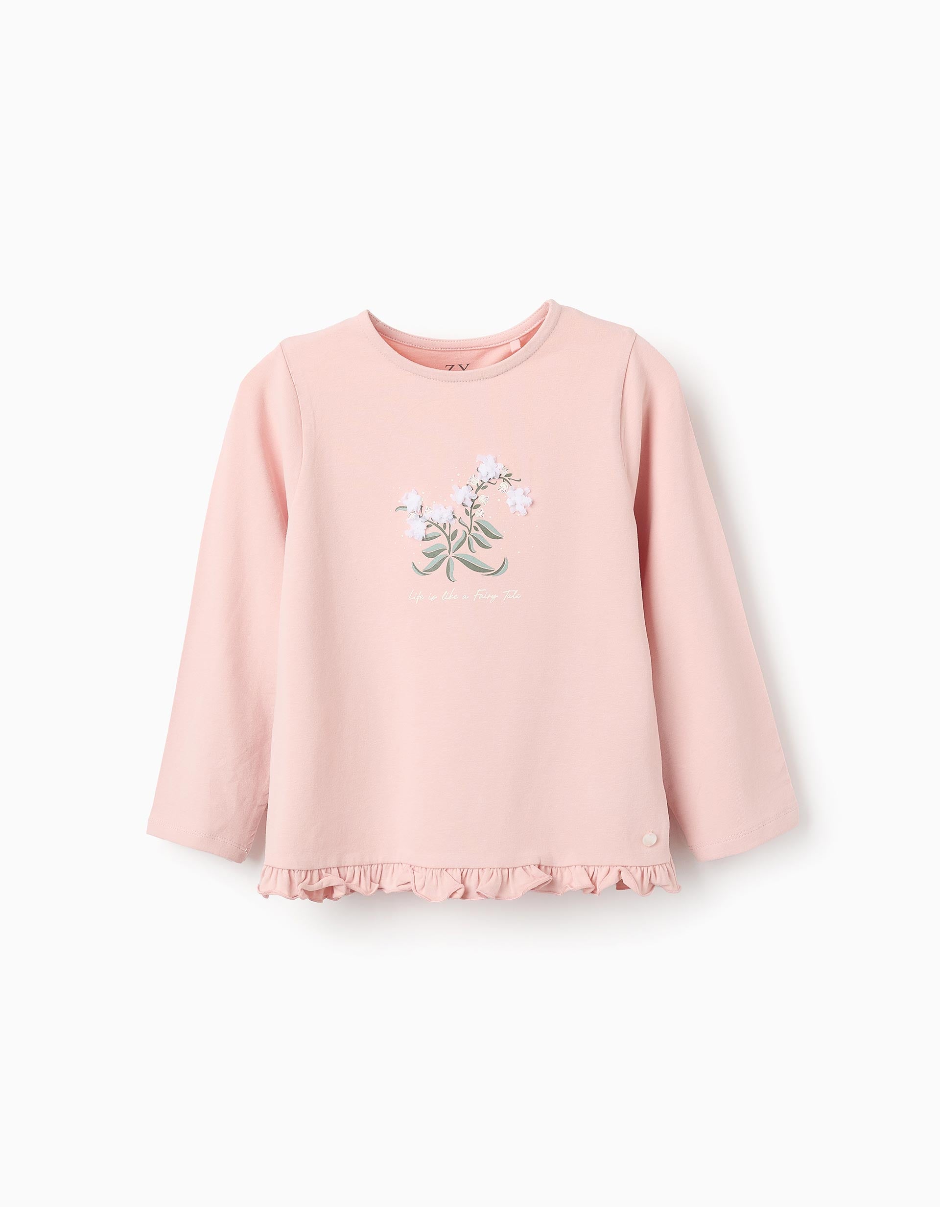 Camiseta de Manga Larga con Volantes y Flores en 3D para Niña, Rosa