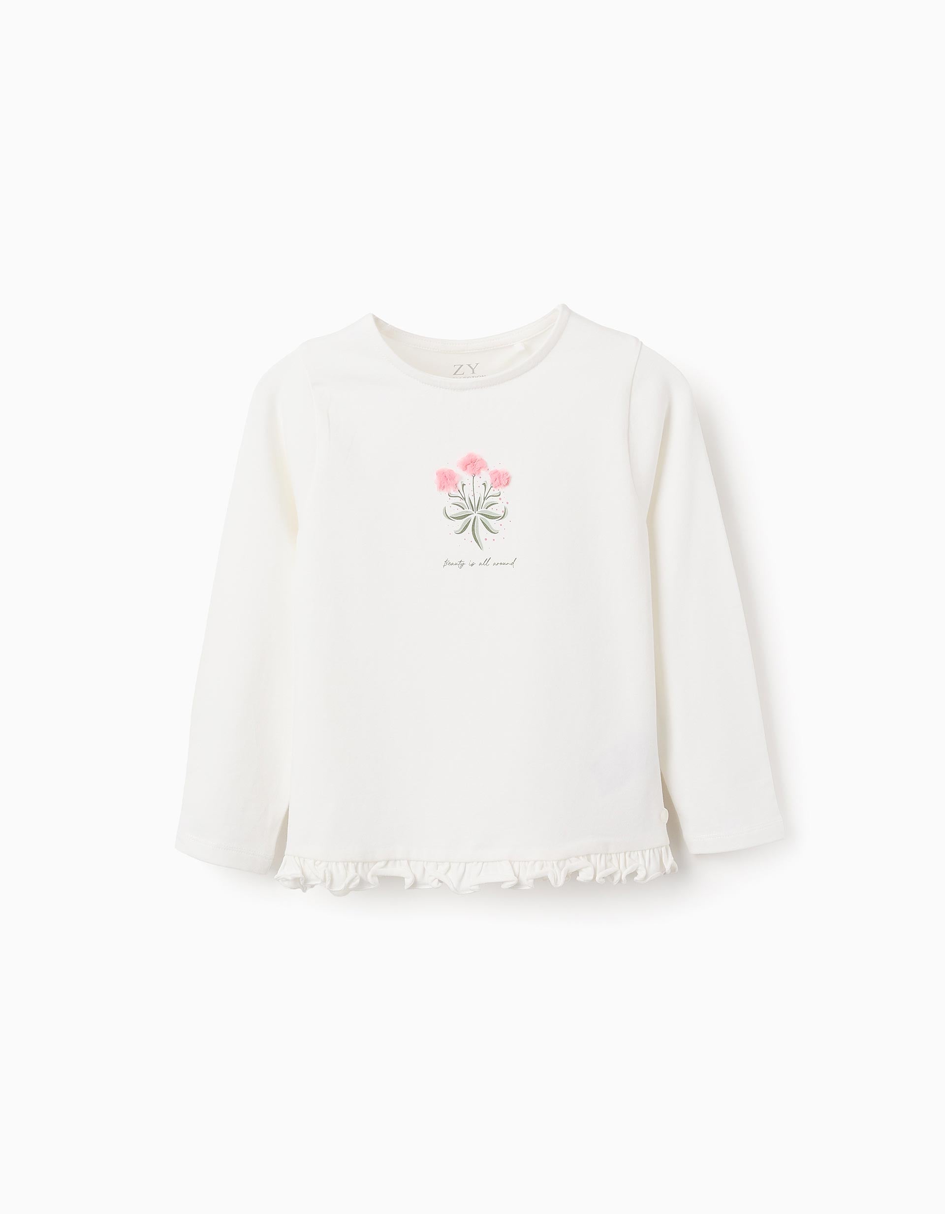 Camiseta de Manga Larga con Volantes y Flores en 3D para Niña, Blanco