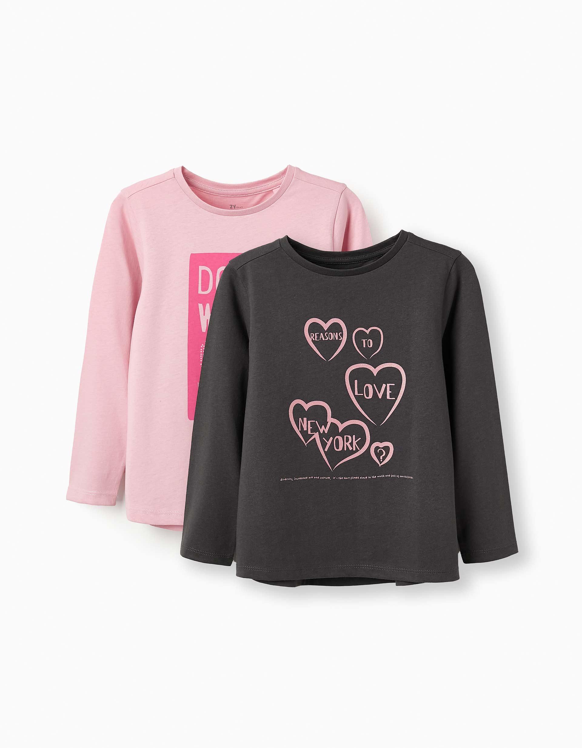 2 T-shirts à Manches Longues pour Fille 'NYC', Rose, Gris