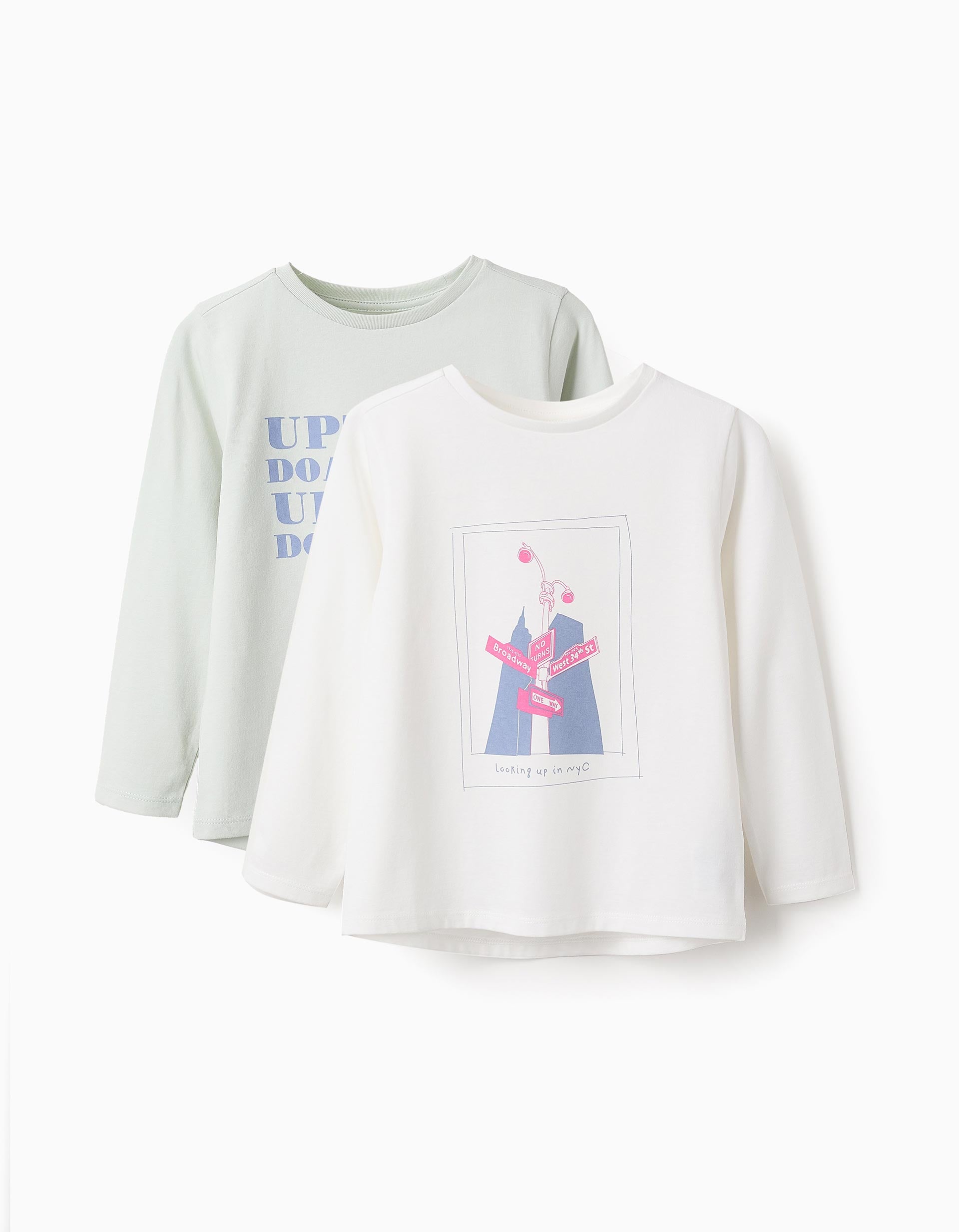 Pack 2 T-shirts de Manga Comprida para Menina, Branco/Verde