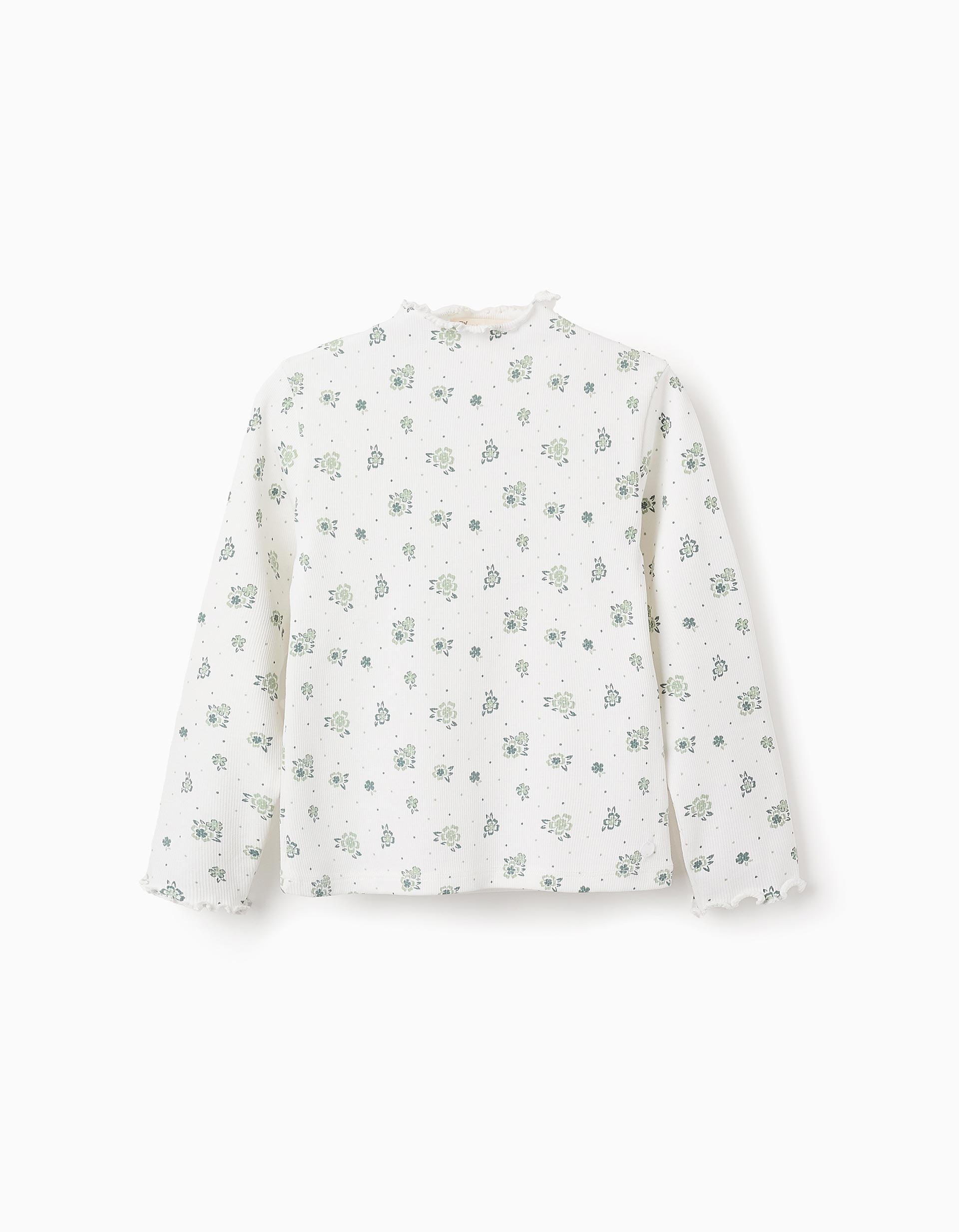 Camiseta Canalé Floral de Manga Larga para Niña, Blanco/Verde