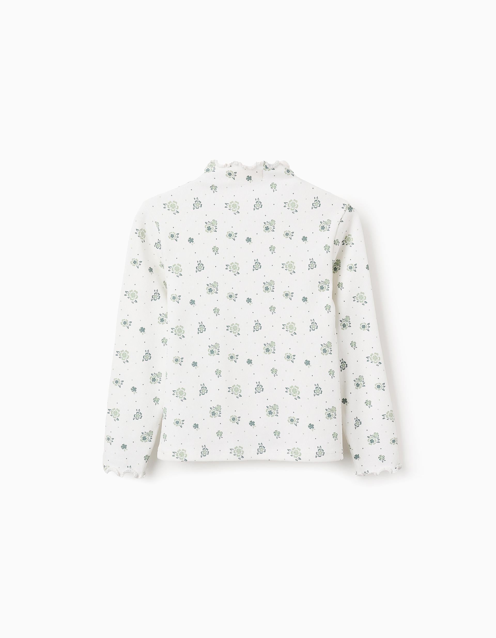 Camiseta Canalé Floral de Manga Larga para Niña, Blanco/Verde