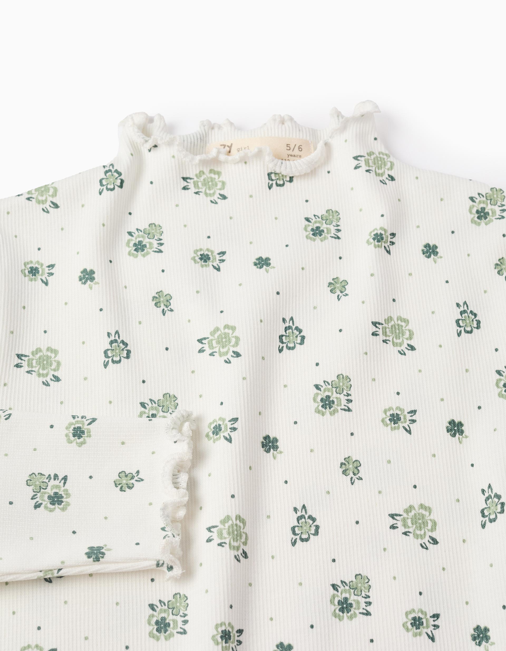 Camiseta Canalé Floral de Manga Larga para Niña, Blanco/Verde