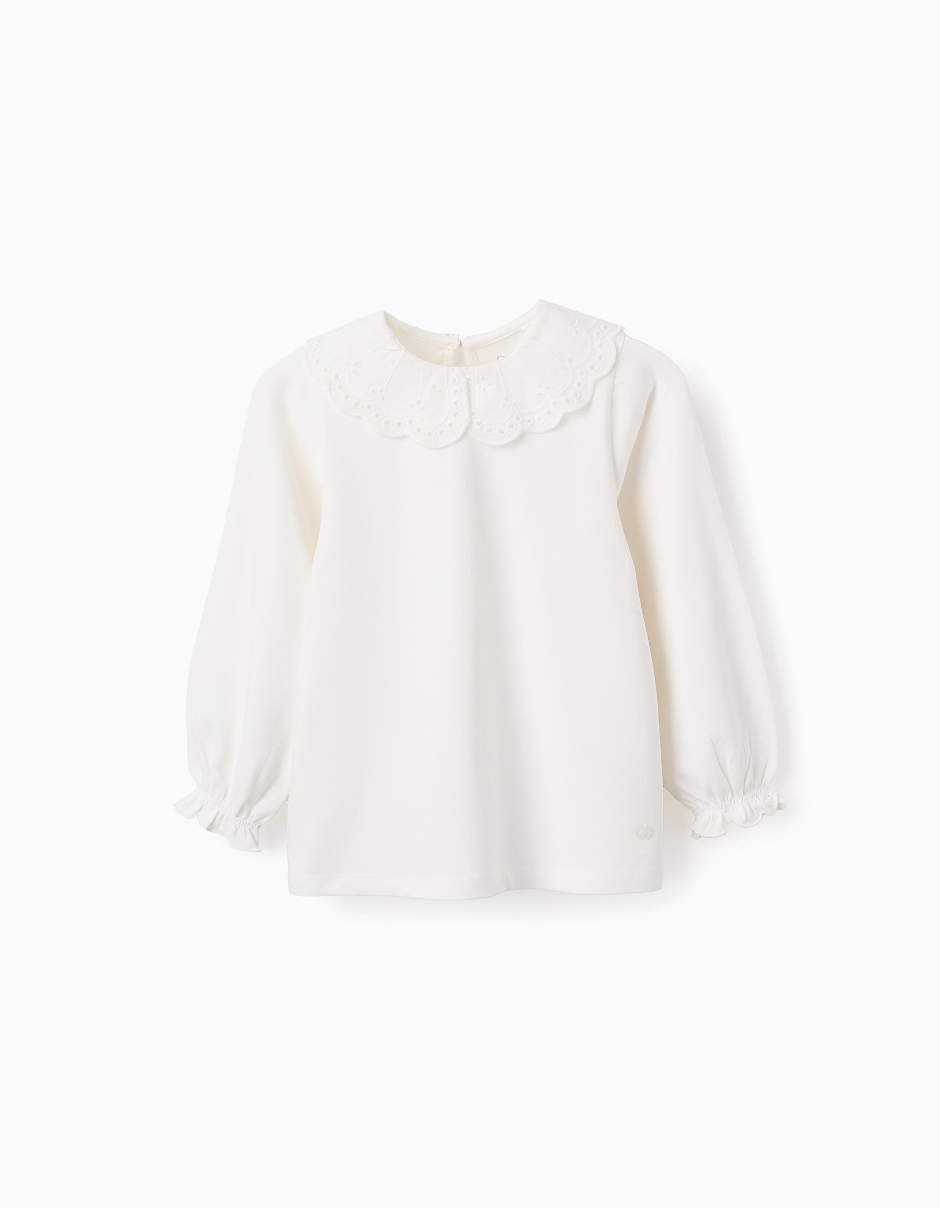 T-shirt à Manches Longues avec Broderie Anglaise pour Fille, Blanc