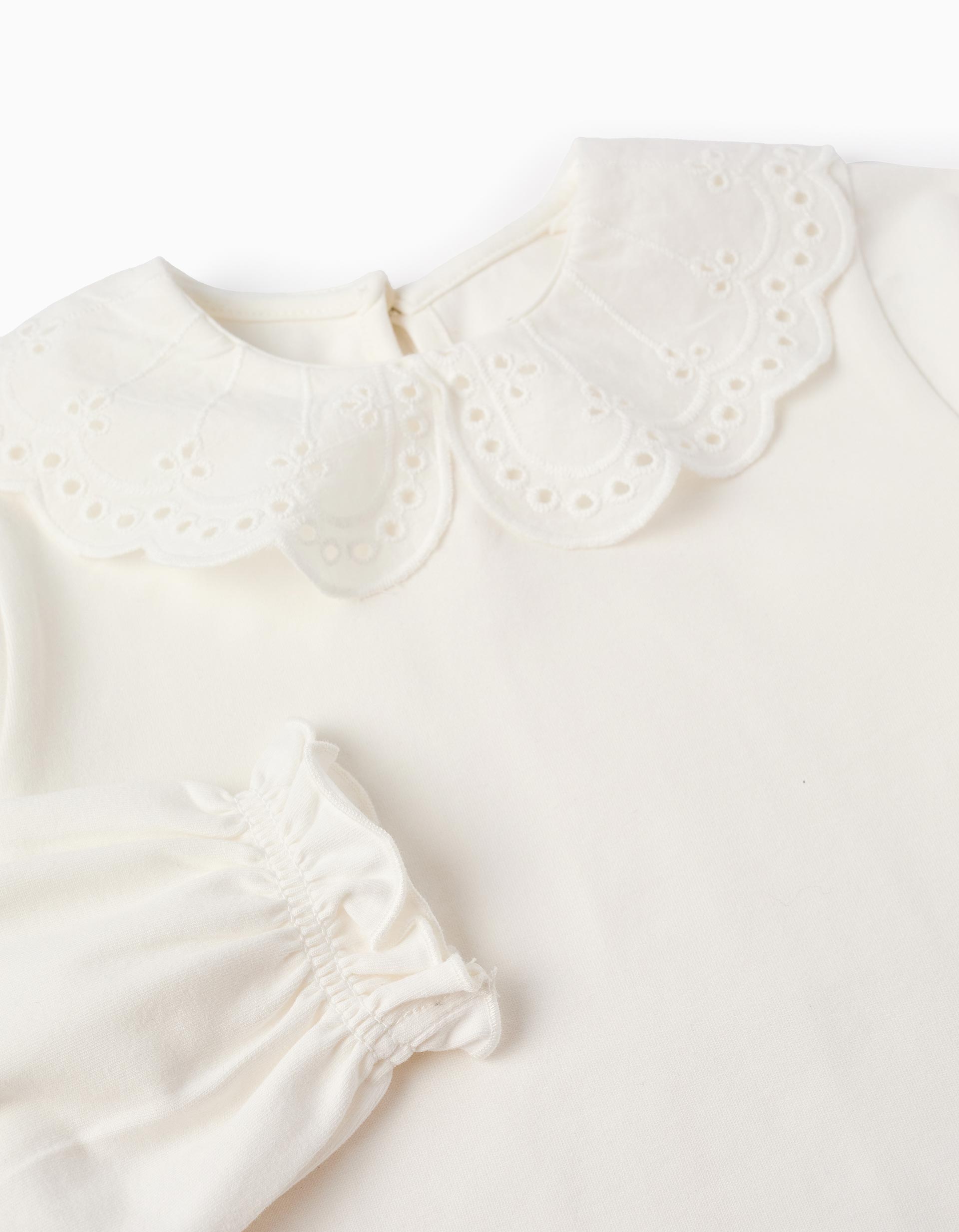 T-shirt à Manches Longues avec Broderie Anglaise pour Fille, Blanc