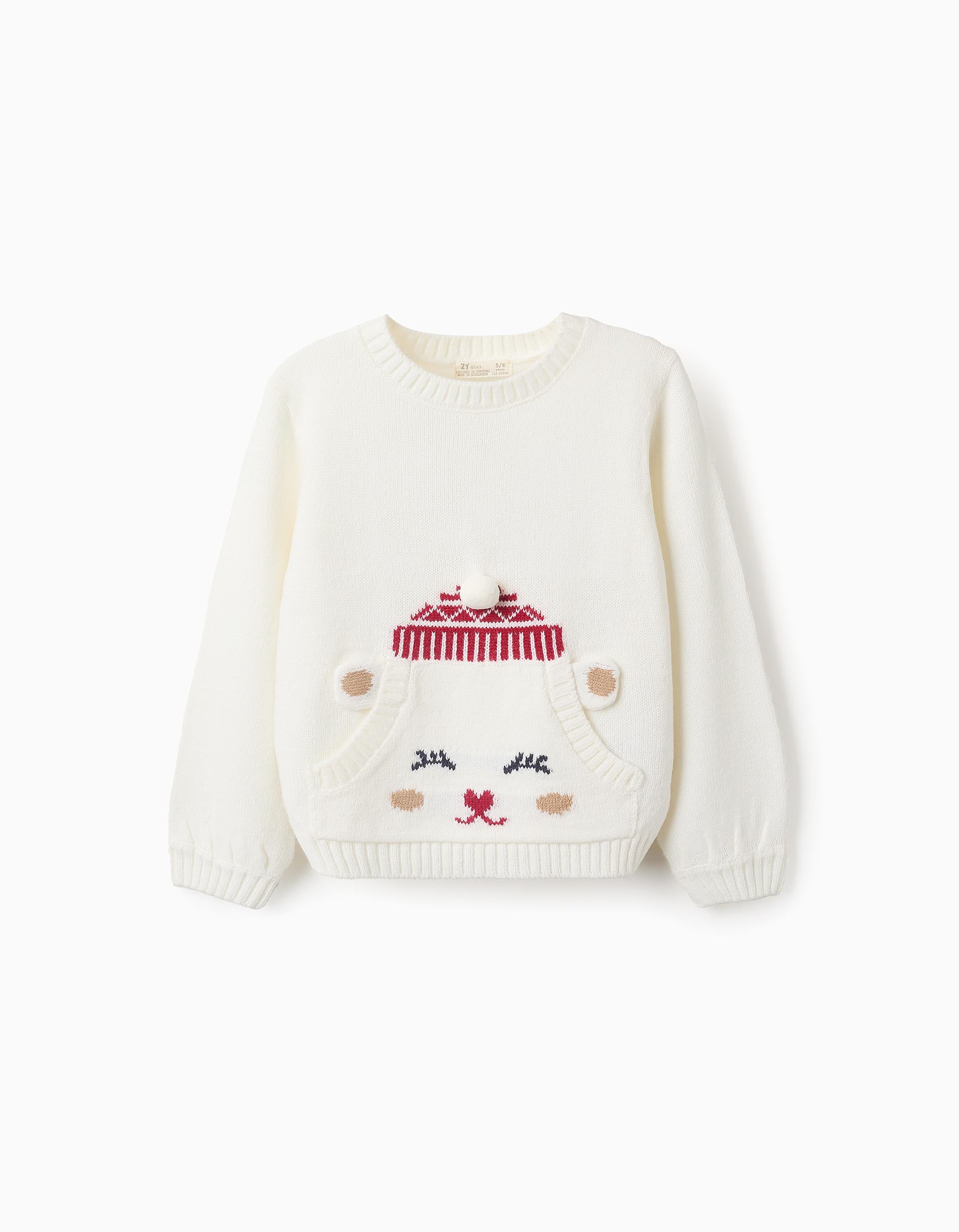 Pull en Maille avec Pompon pour Fille 'Ourson', Blanc