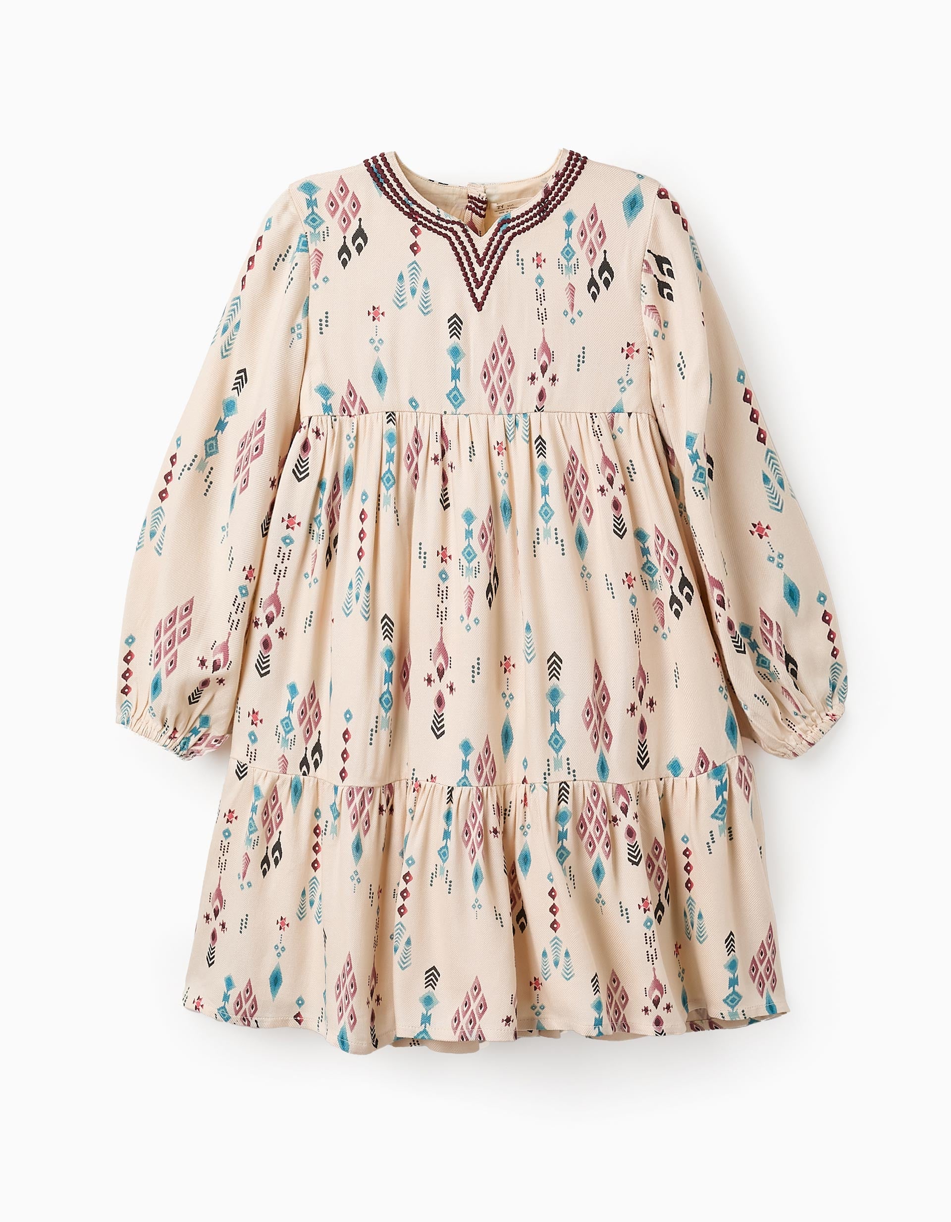 Vestido con Estampado y Bordados para Niña, Beige