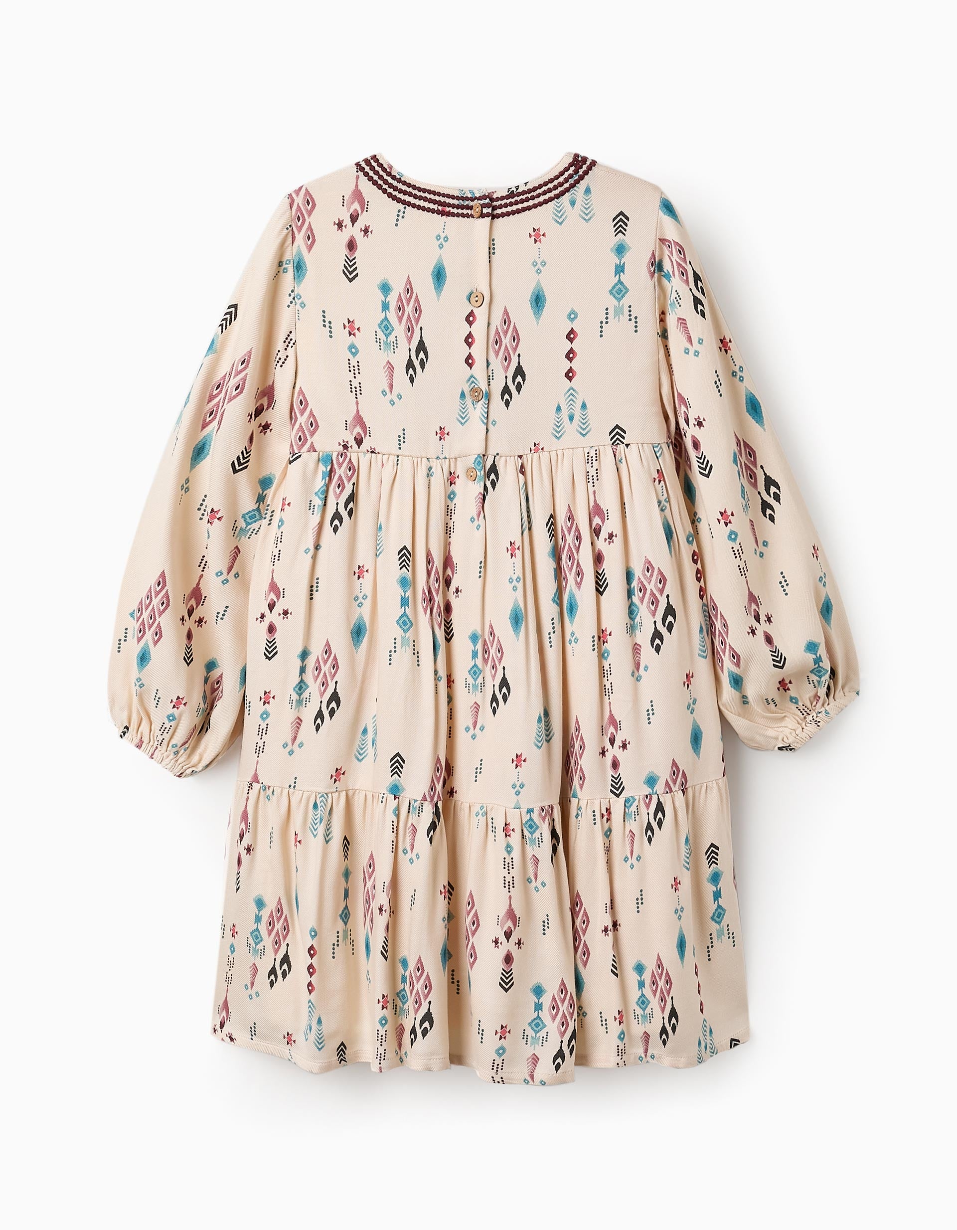 Vestido con Estampado y Bordados para Niña, Beige