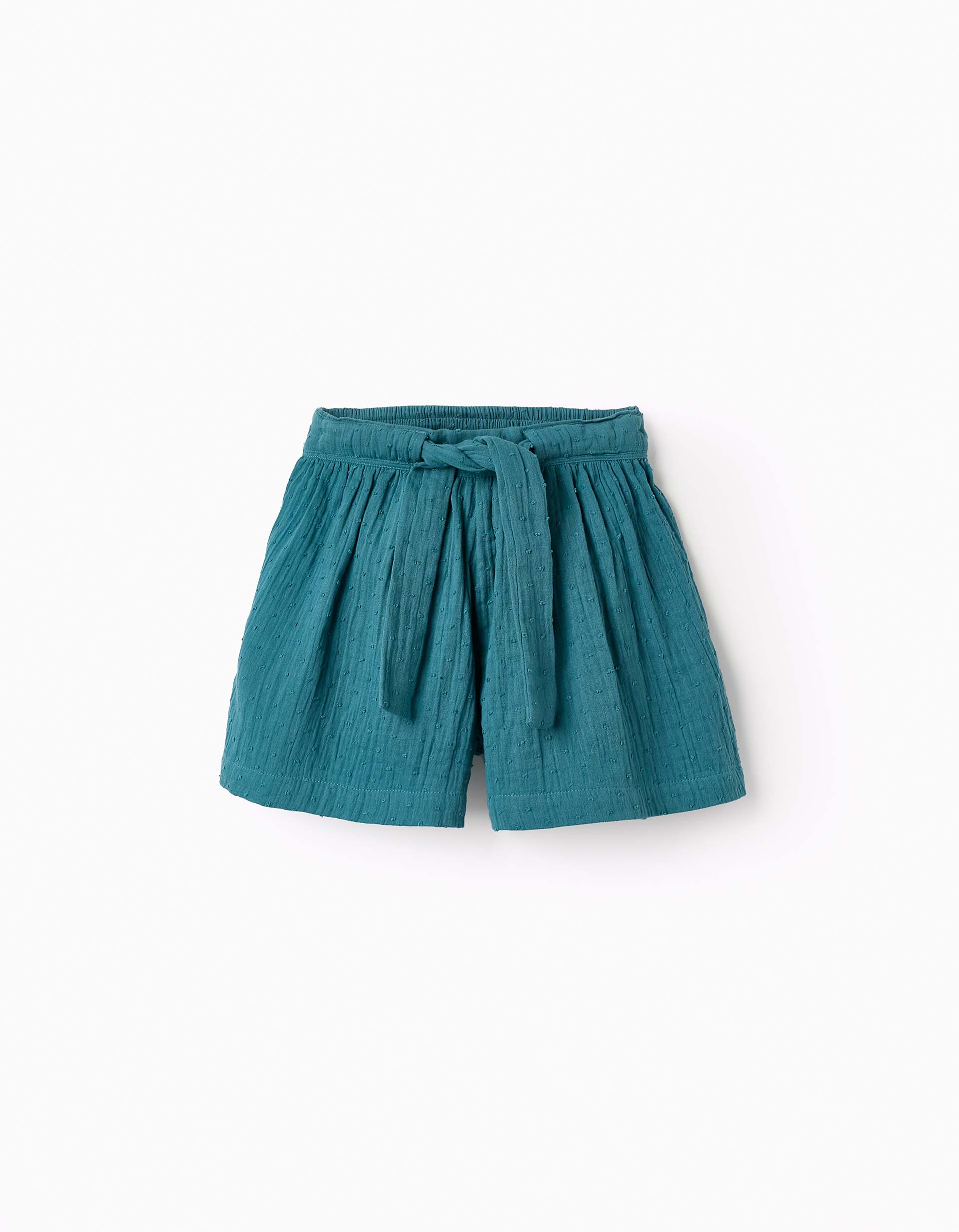 Shorts en Bambula de Algodón con Cinturón para Niña, Azul