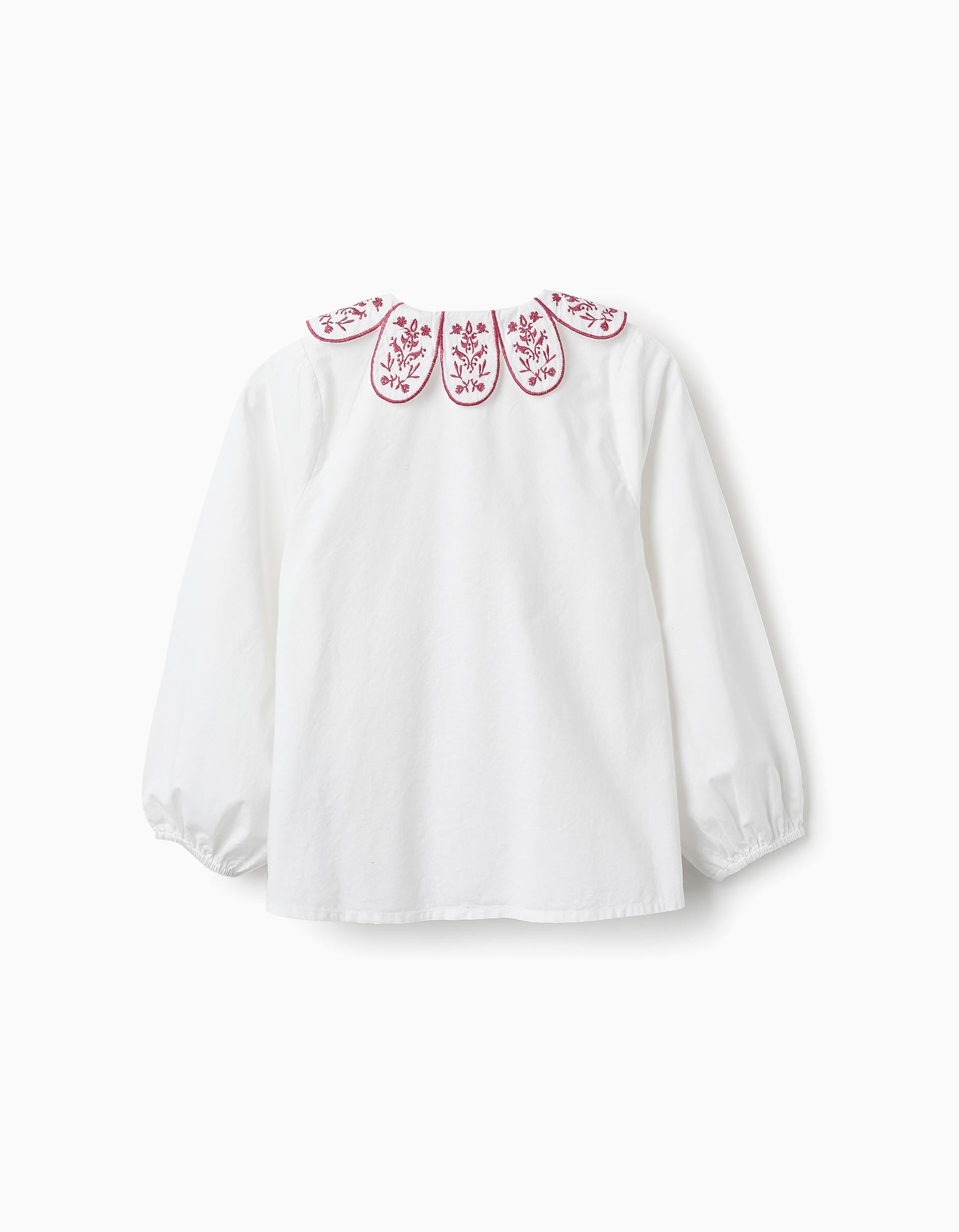 Camisa de Algodón con Cuello Flor para Niña, Blanco/Rosa