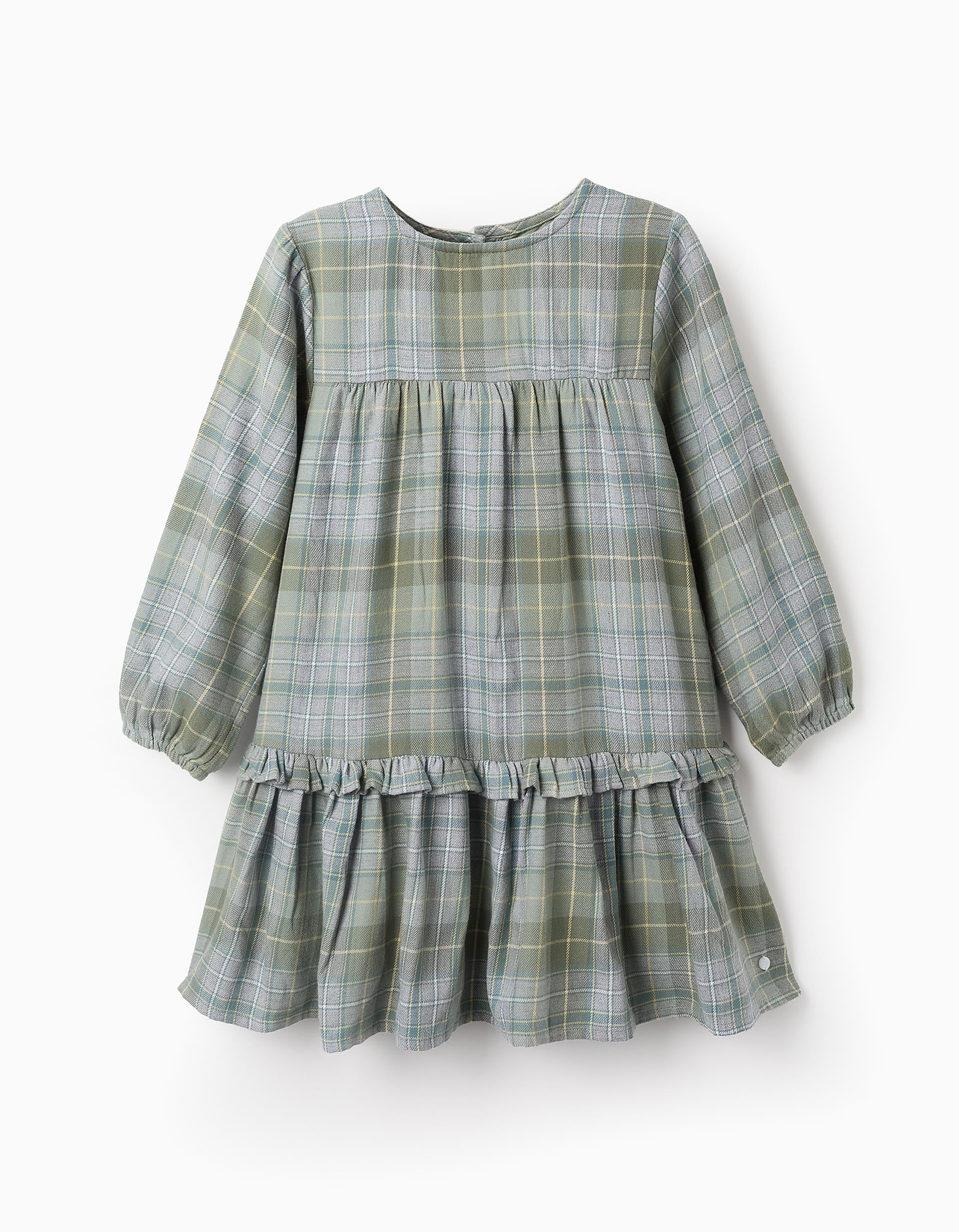 Flannel Checked Dress for Girls, Green/Grey