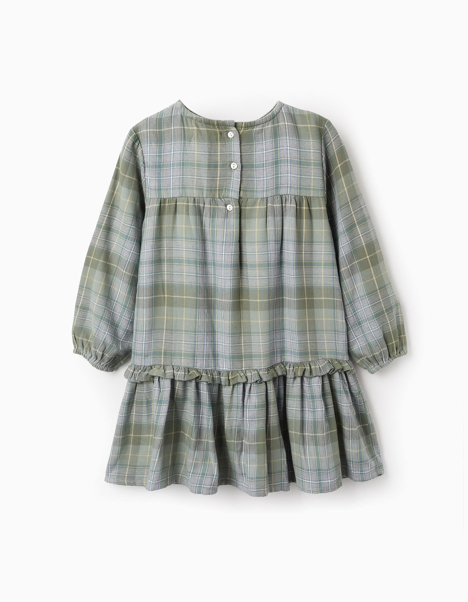 Vestido de Franela con Cuadros para Niña, Verde/Gris