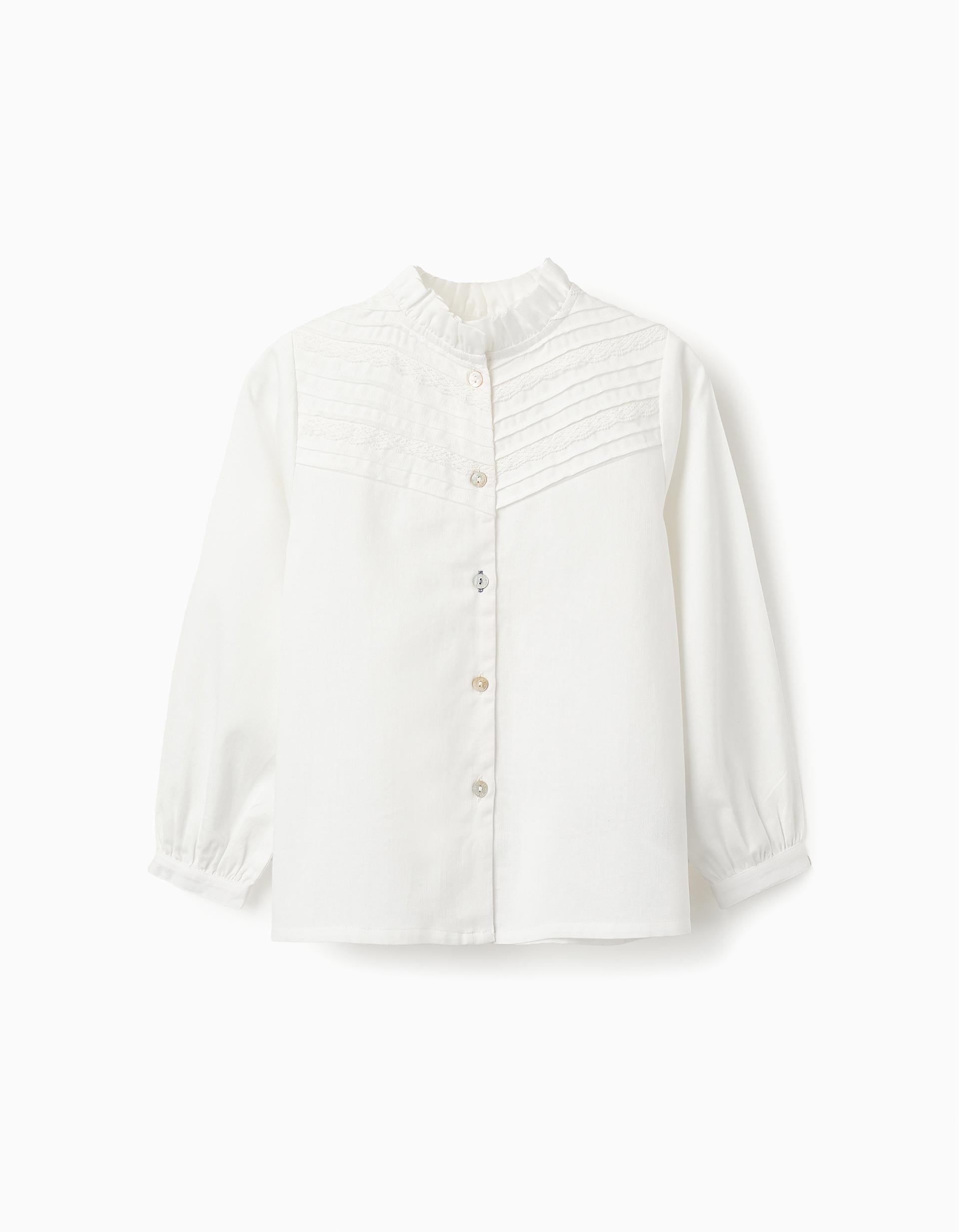 Blusa de Algodón con Encaje y Pliegues para Niña, Blanco