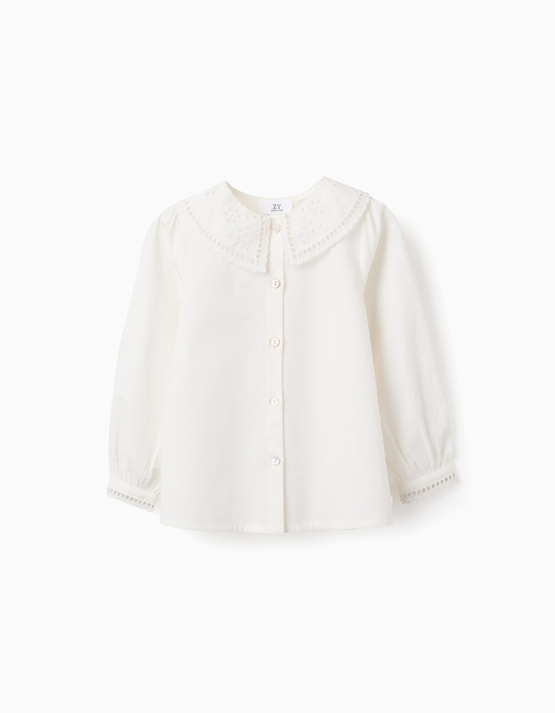 Camisa de Algodão com Bordado Inglês para Menina, Branco