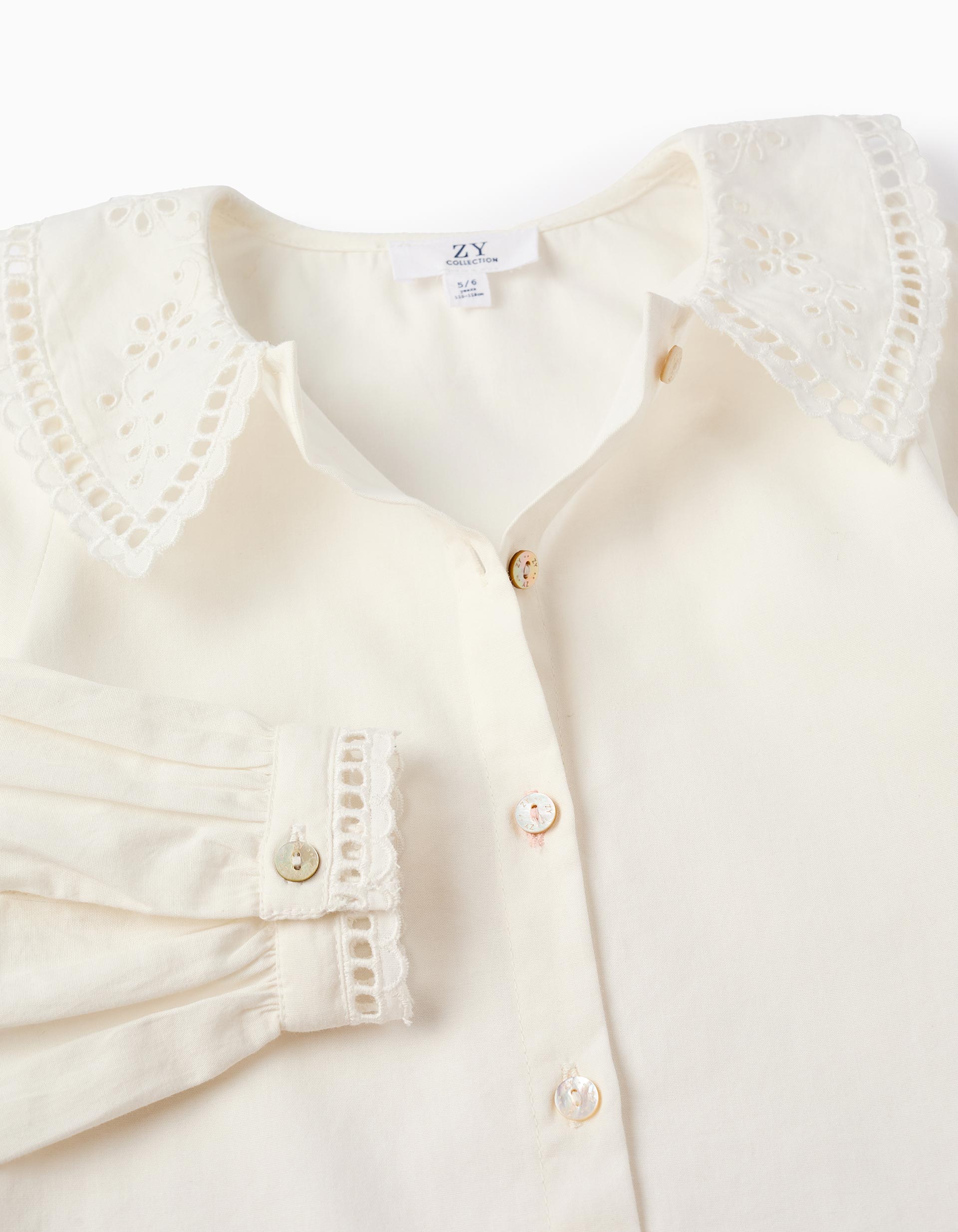 Camisa de Algodão com Bordado Inglês para Menina, Branco