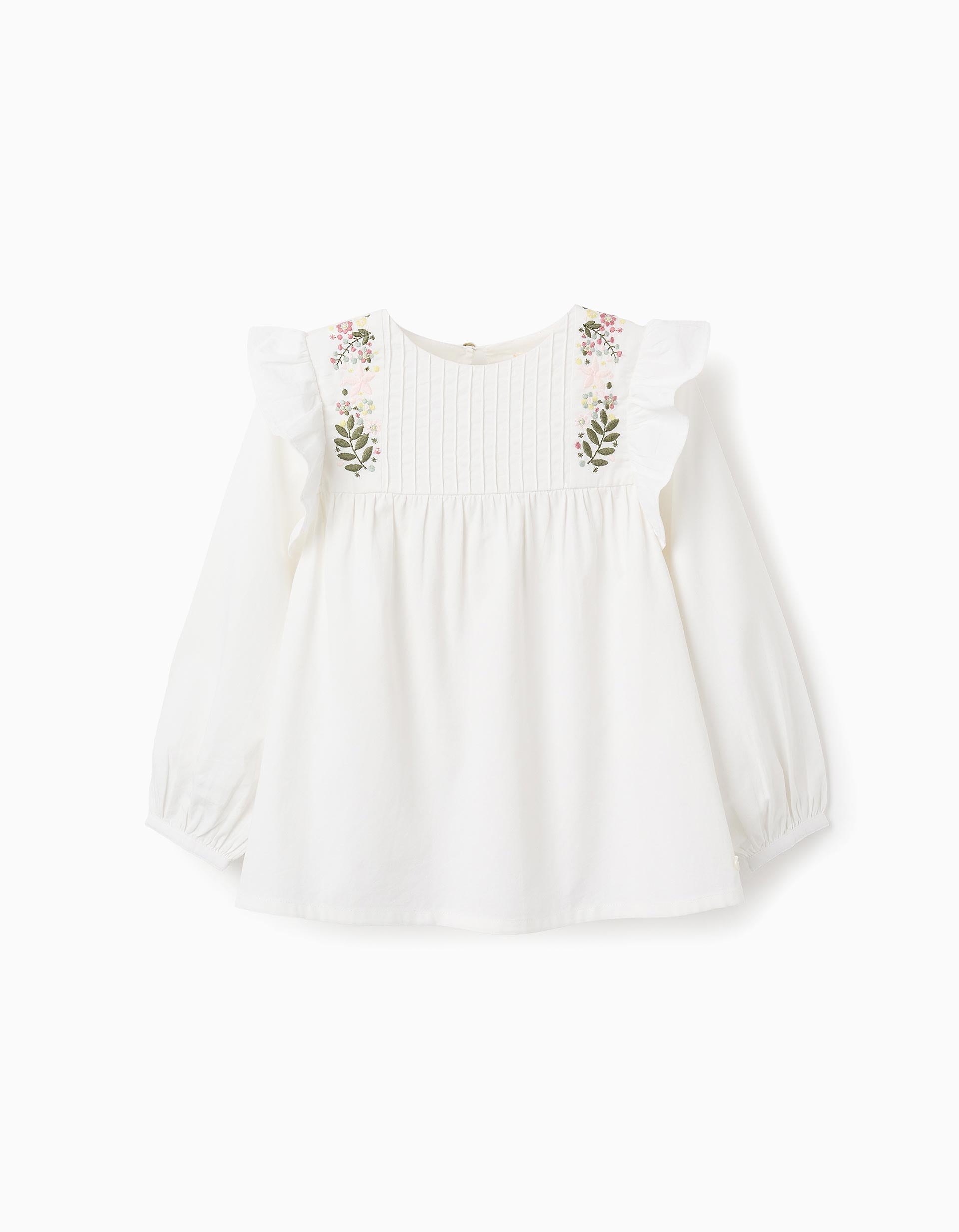 Túnica com Bordados de Flores para Menina, Branco