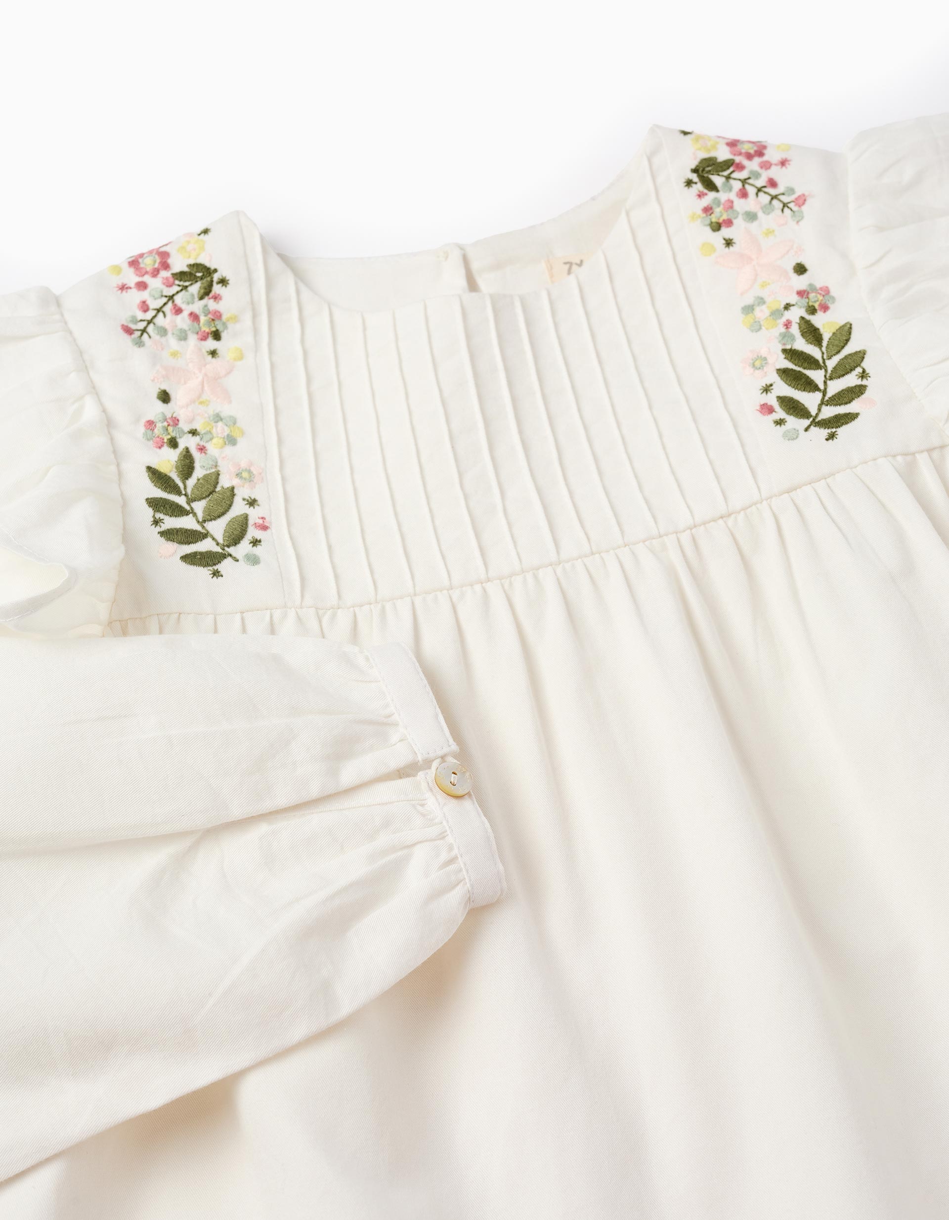 Túnica com Bordados de Flores para Menina, Branco