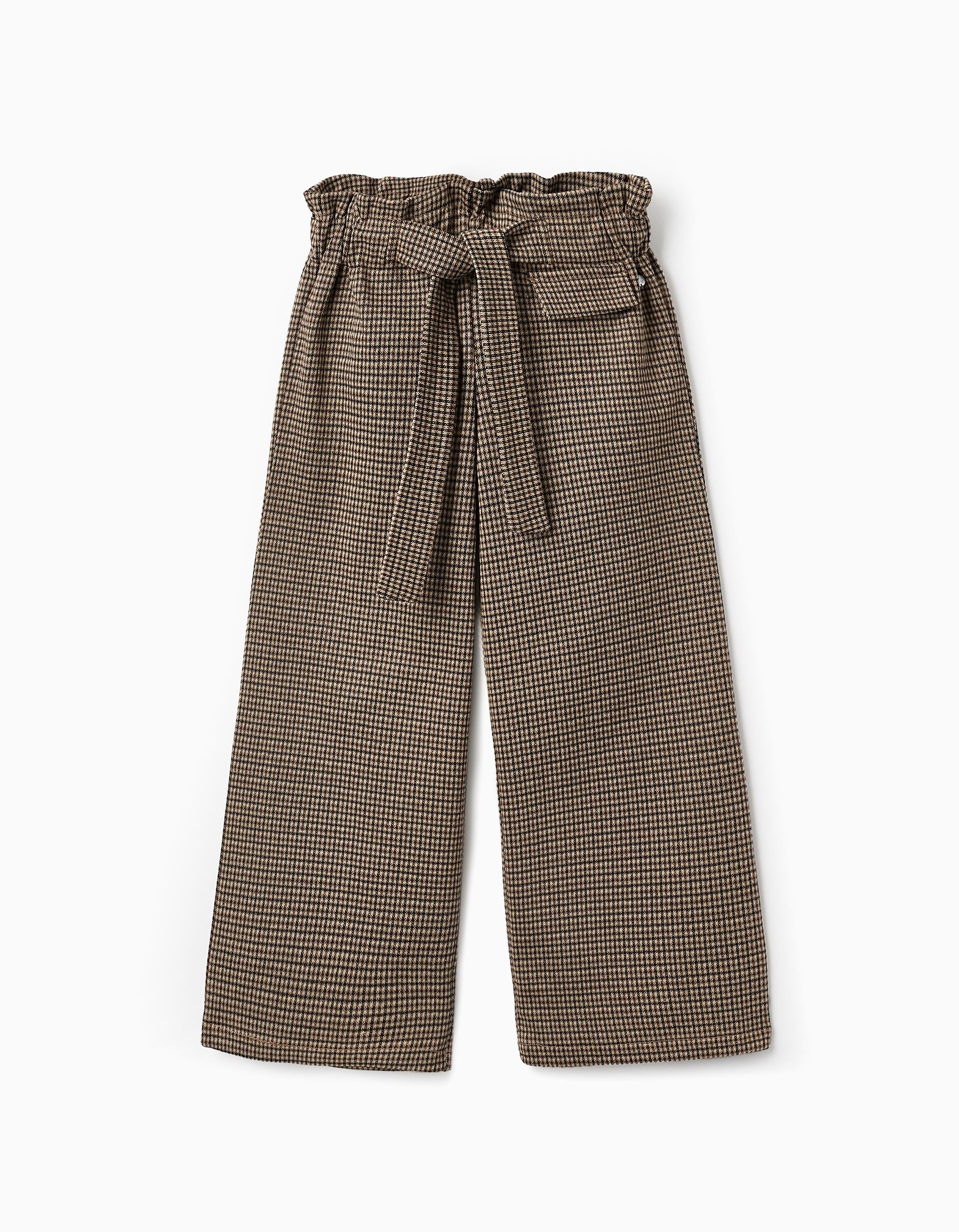 Pantalón Wide Leg en Pied de Poule para Niña, Beige/Marrón