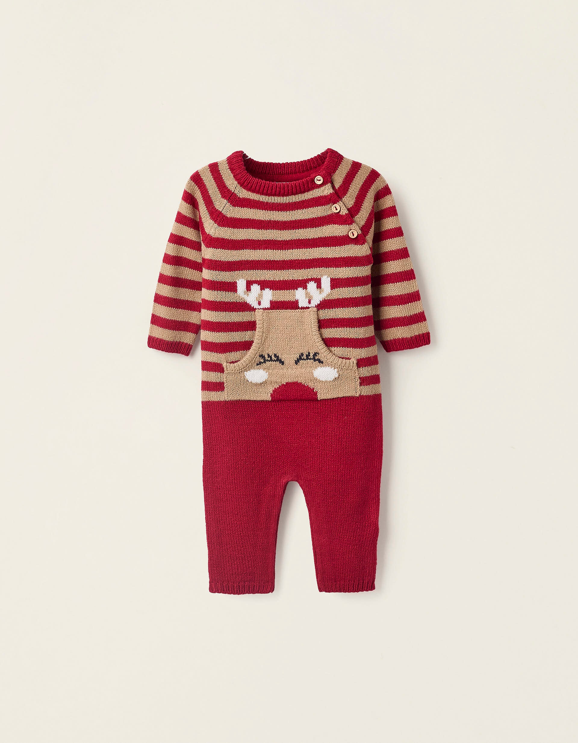 Christmas Knitted Jumpsuit for Newborns 'Reindeer', Red/Beige