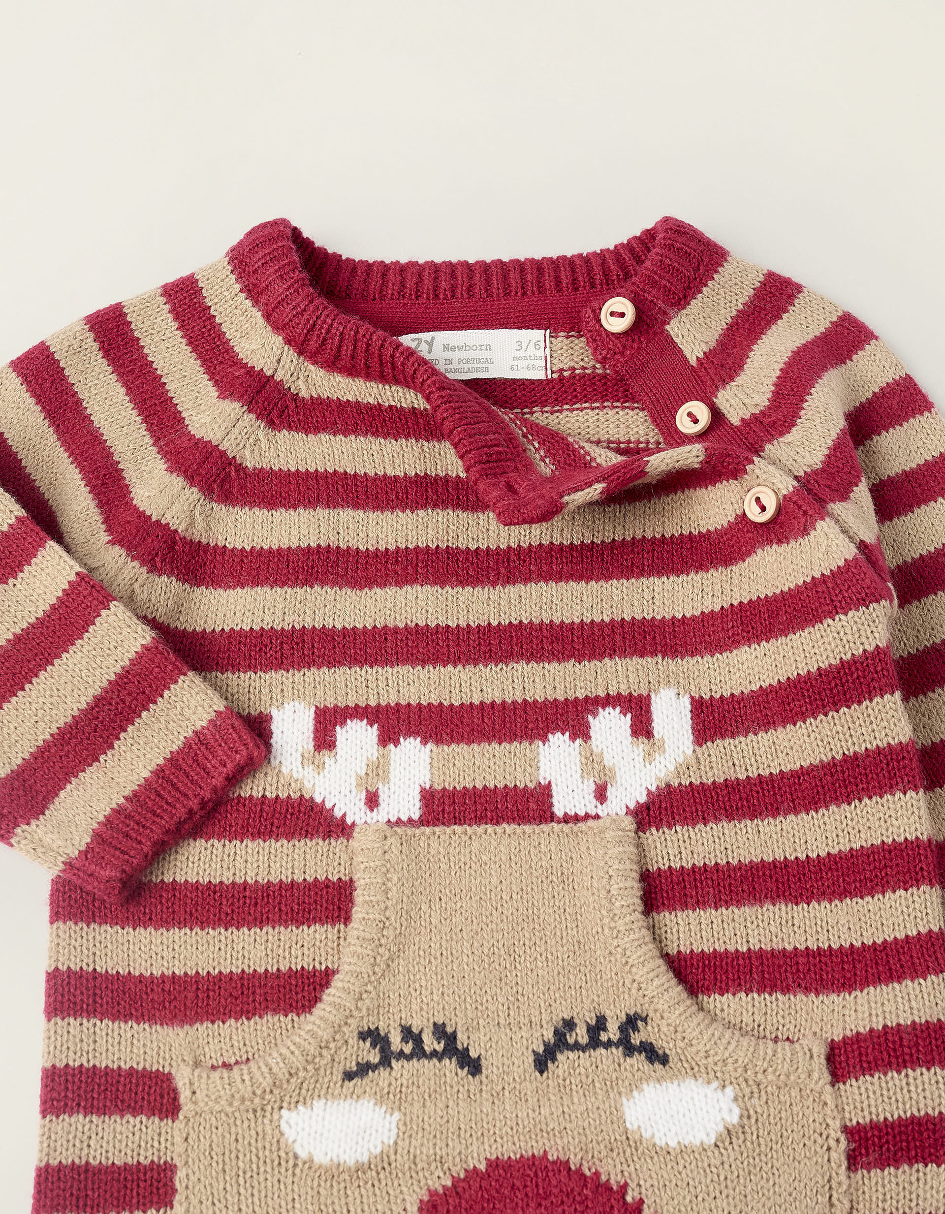 Christmas Knitted Jumpsuit for Newborns 'Reindeer', Red/Beige