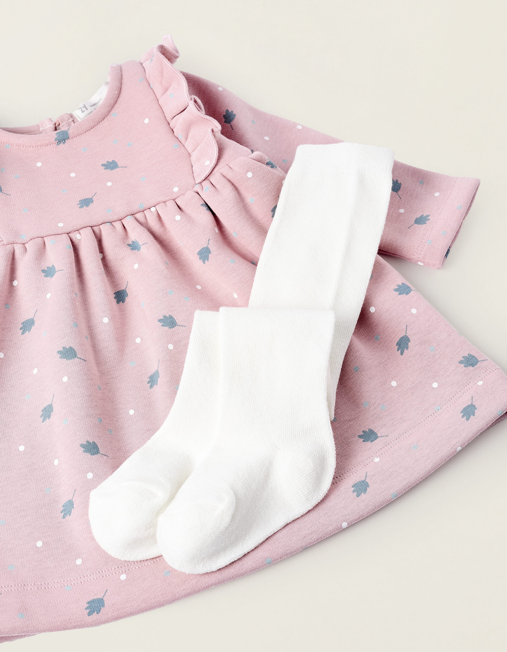 Robe + Collants pour Bébé Fille 'Pois & Feuilles', Rose/Blanc