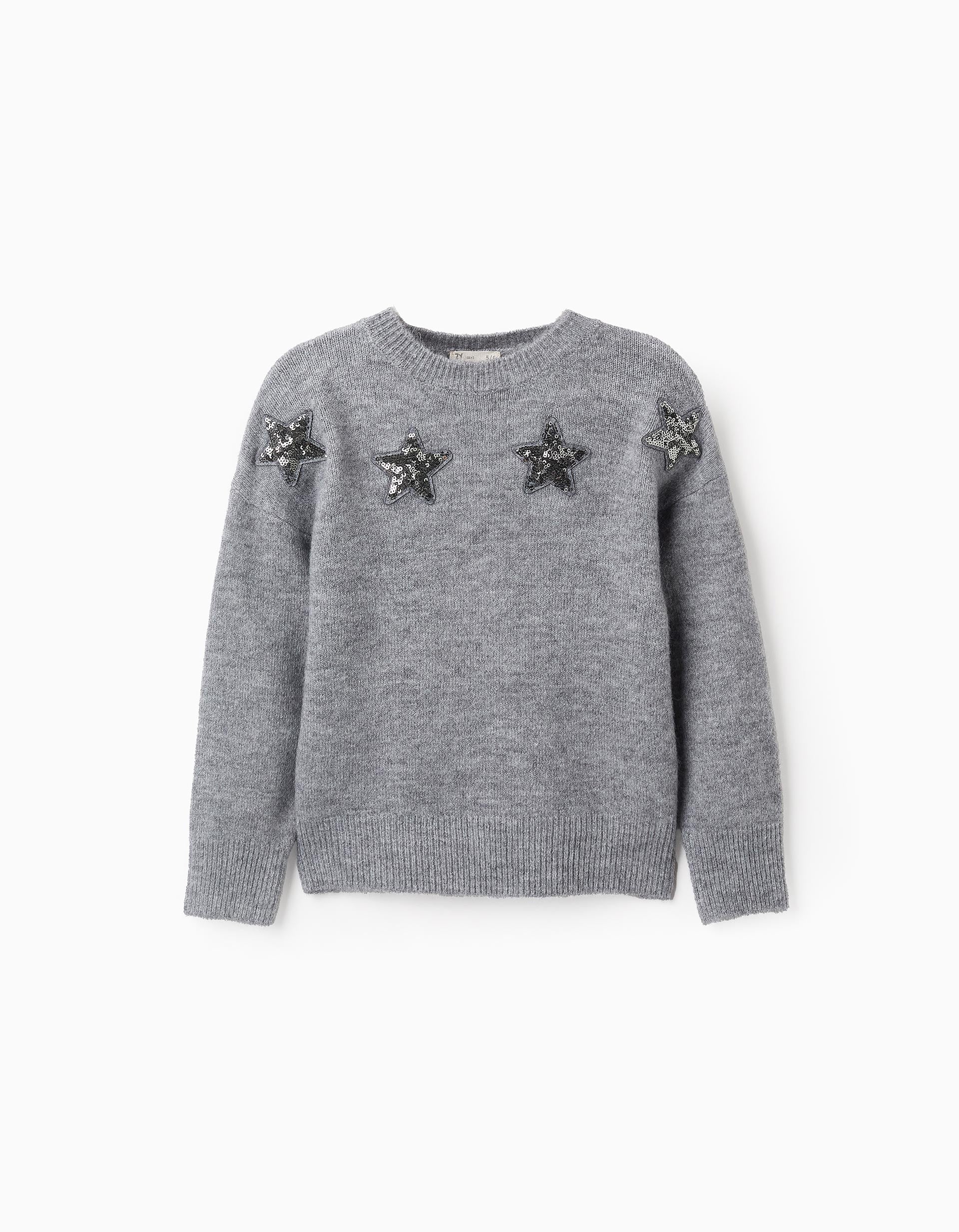 Jersey de Punto con Estrellas y Lentejuelas para Niña, Gris