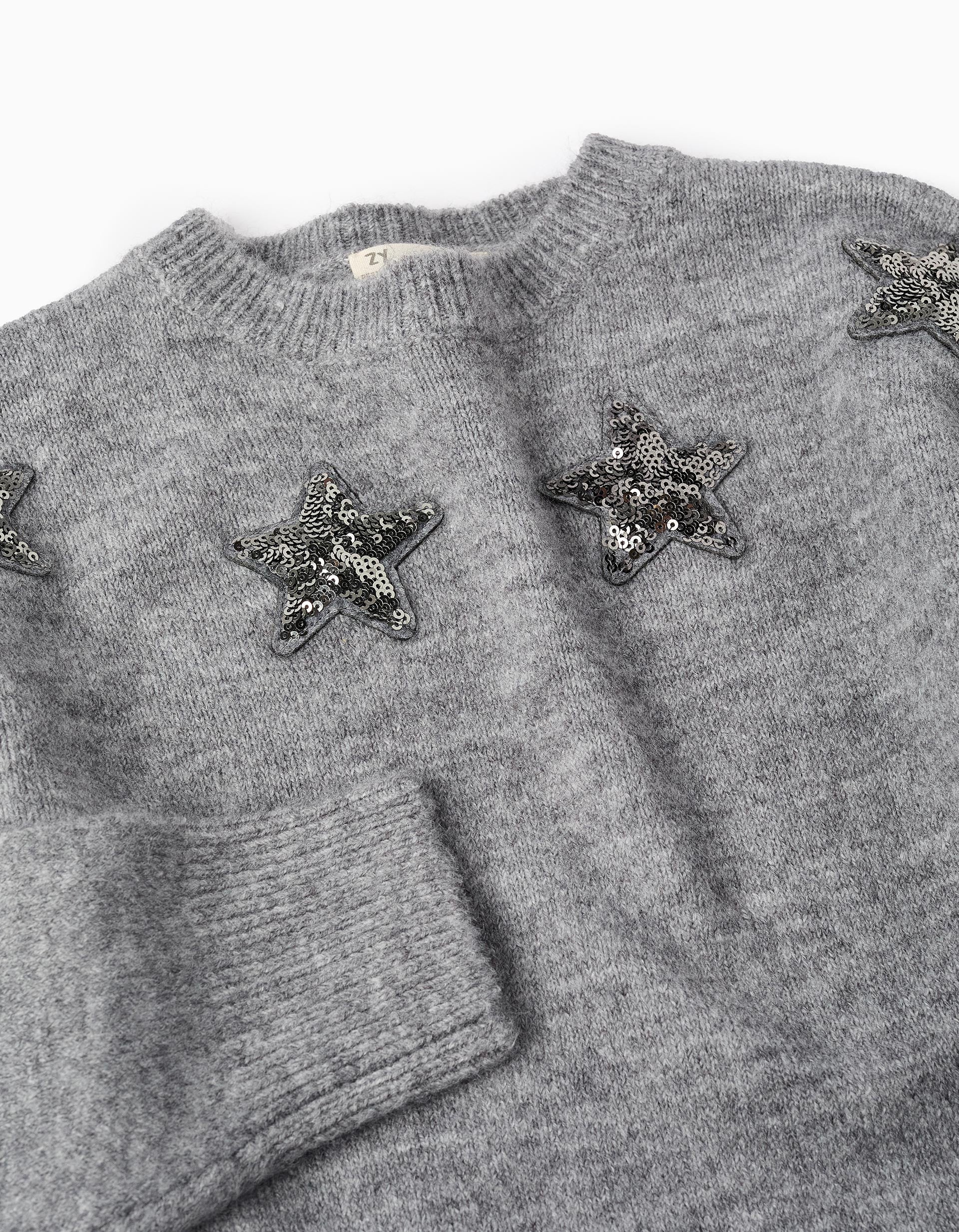 Jersey de Punto con Estrellas y Lentejuelas para Niña, Gris