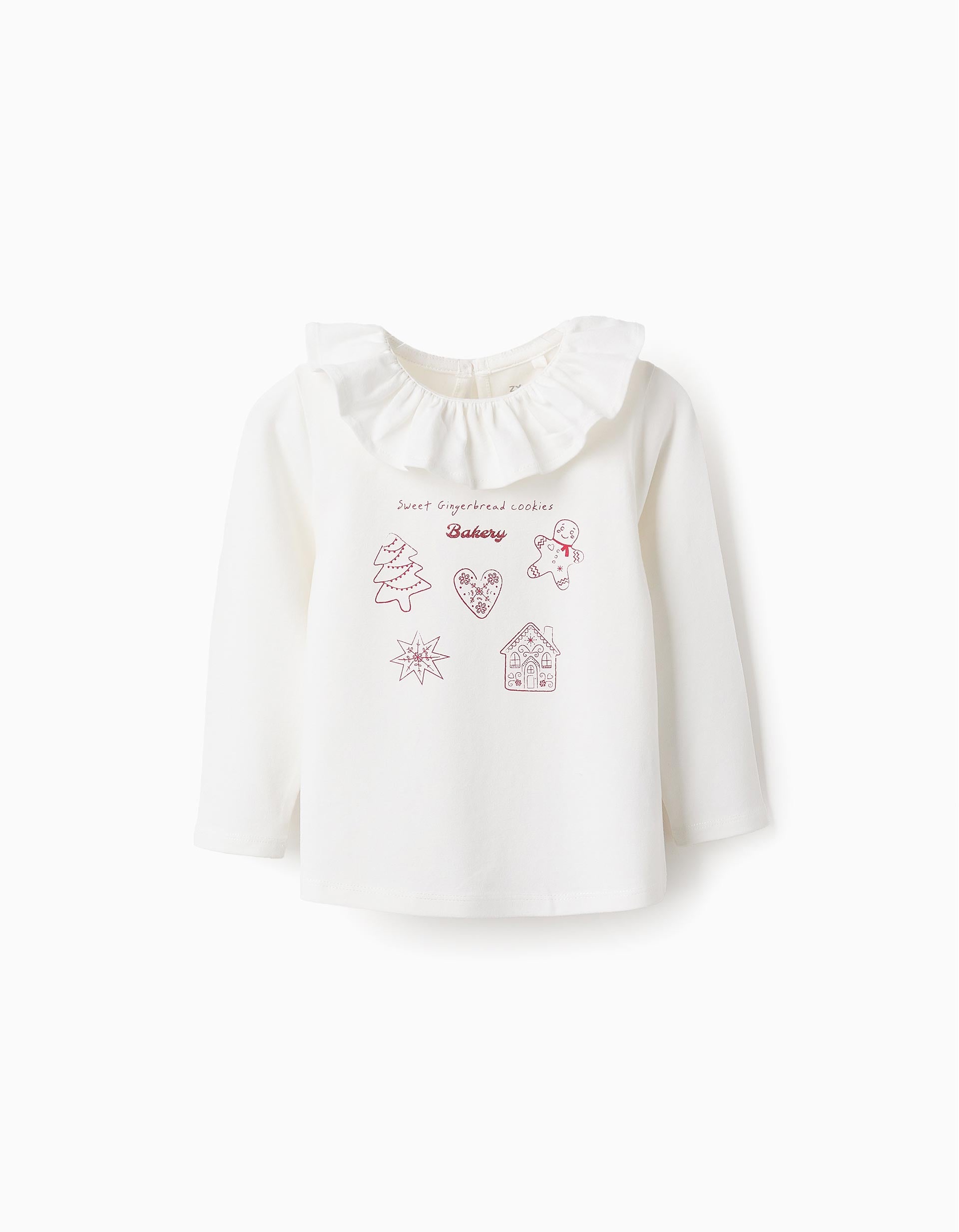 T-shirt com Folhos e Purpurinas para Bebé Menina 'Bolachas', Branco