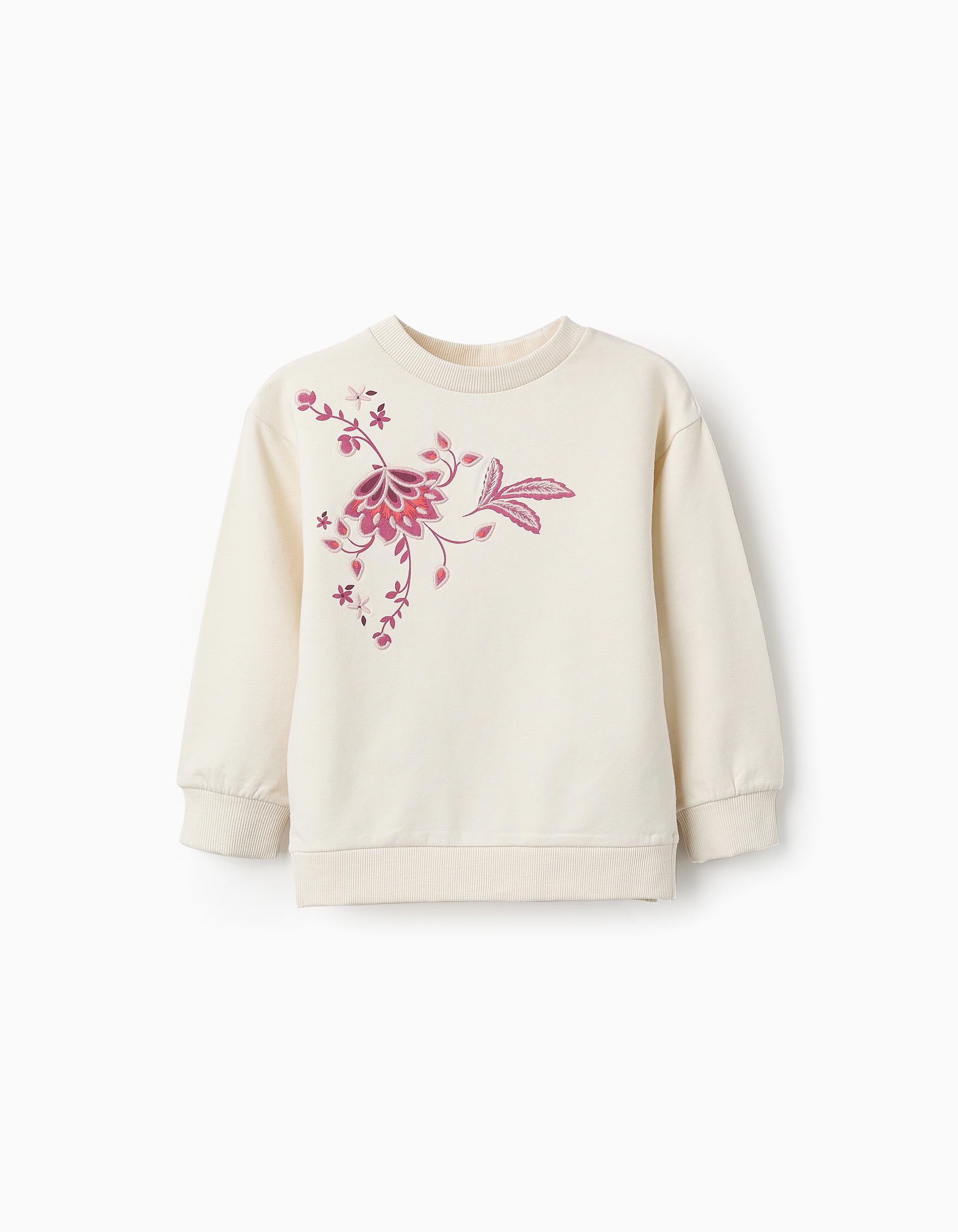 Sweat Cardada com Bordados para Menina, Branco/Rosa