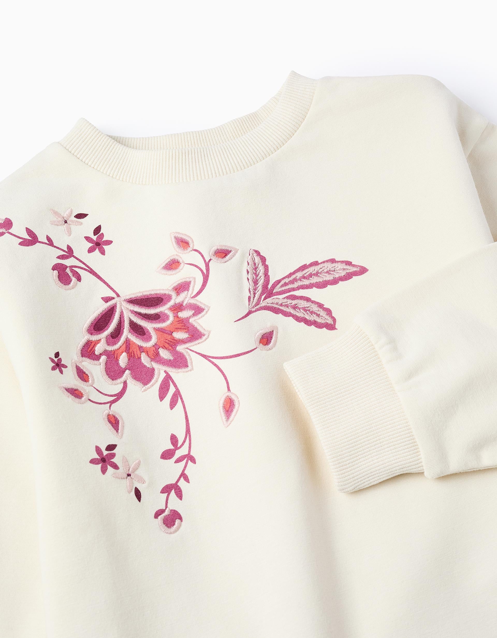 Sudadera Perchada con Bordados para Niña, Blanco/Rosa