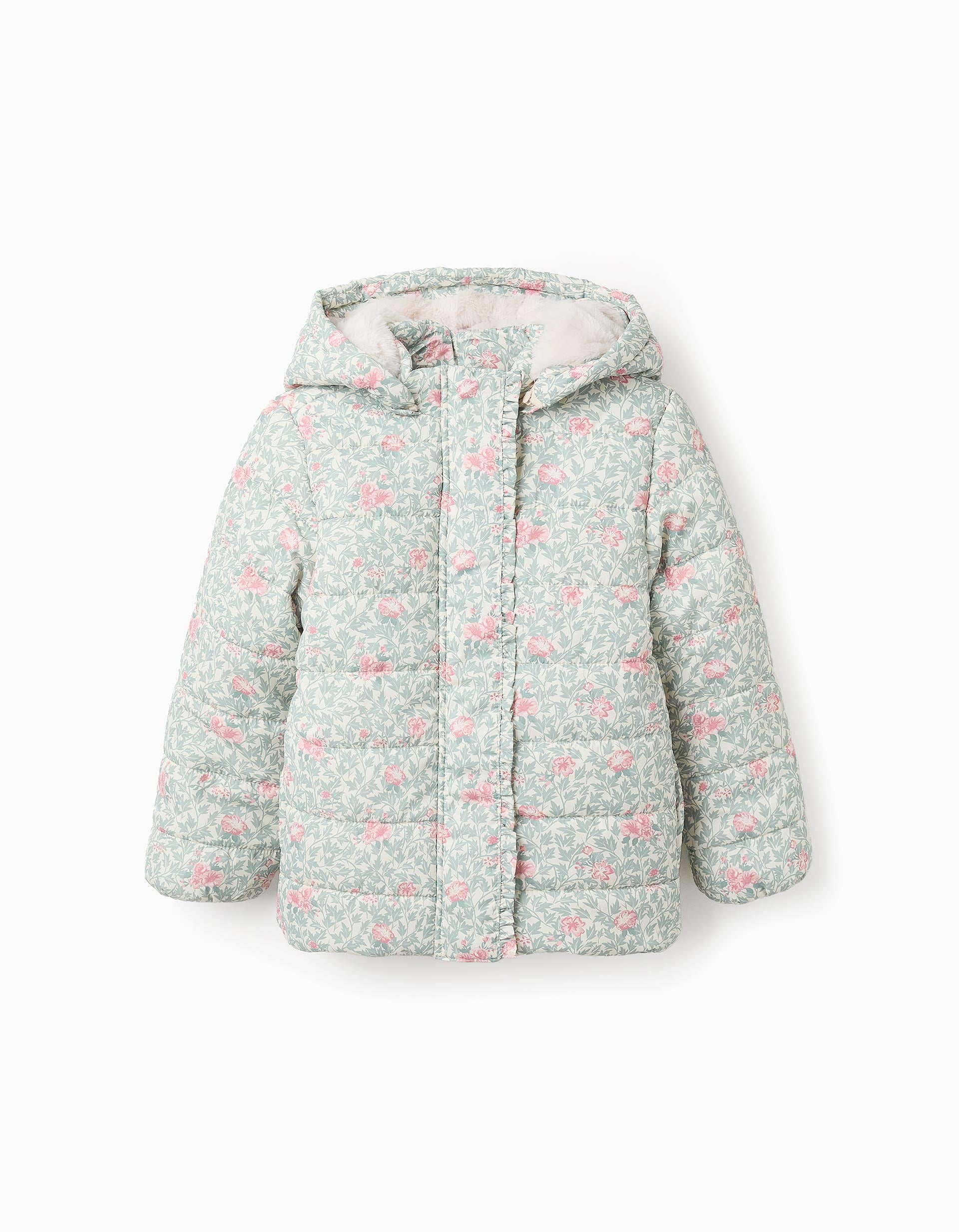 Chaqueta Acolchada Floral con Capucha Desmontable para Niña, Beige