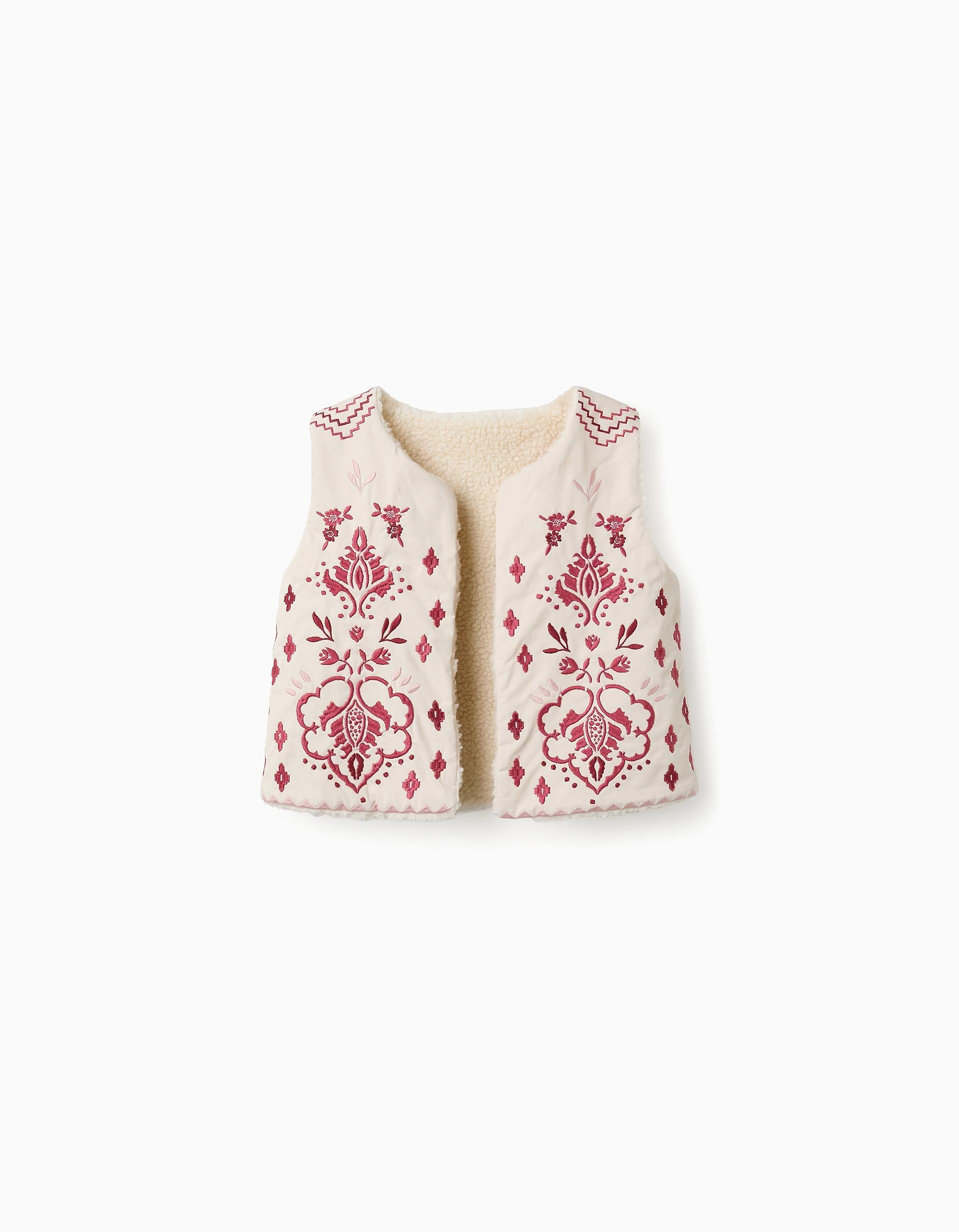 Reversible Sherpa Vest with Embroidery for Girls, Beige/Pink