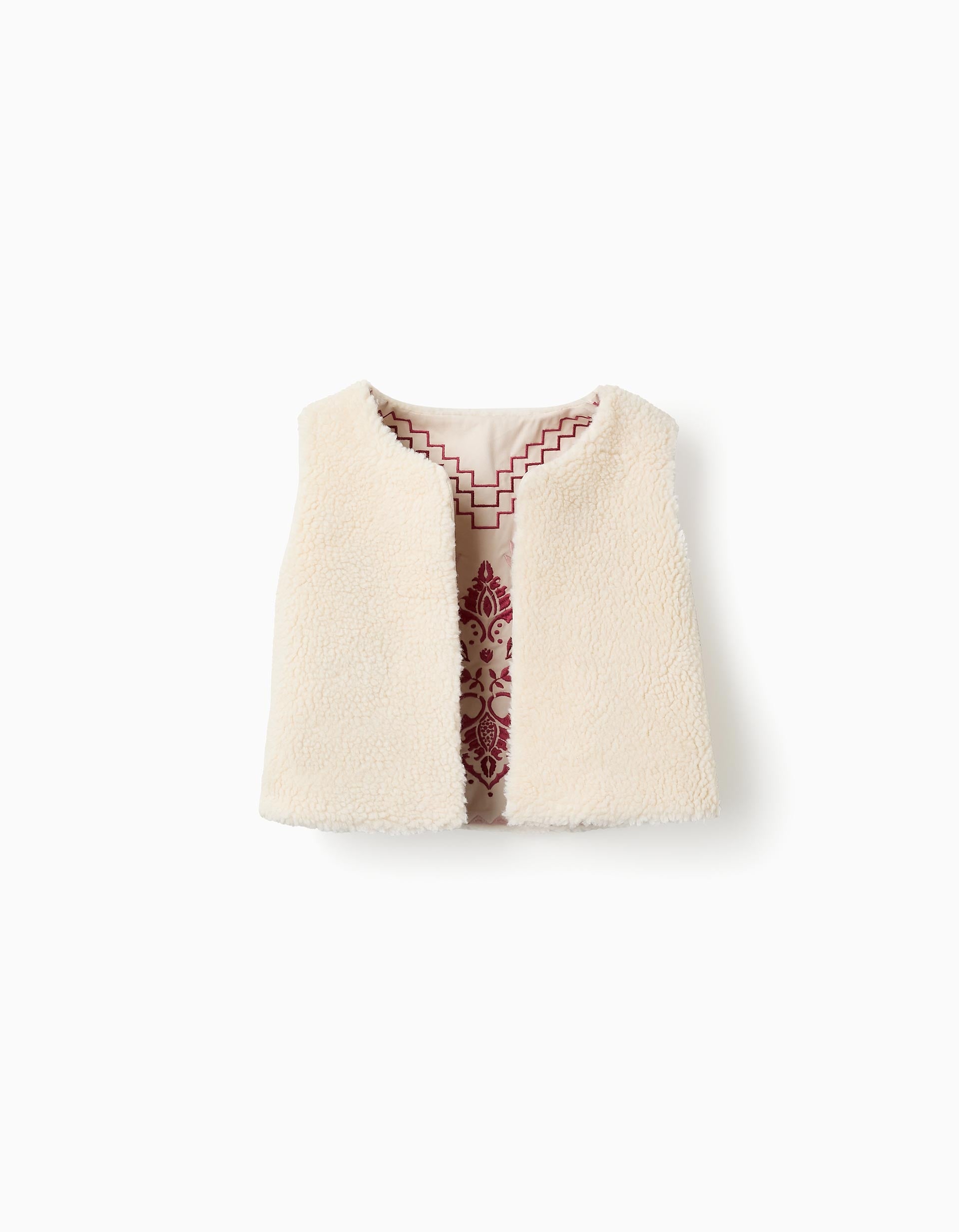 Reversible Sherpa Vest with Embroidery for Girls, Beige/Pink